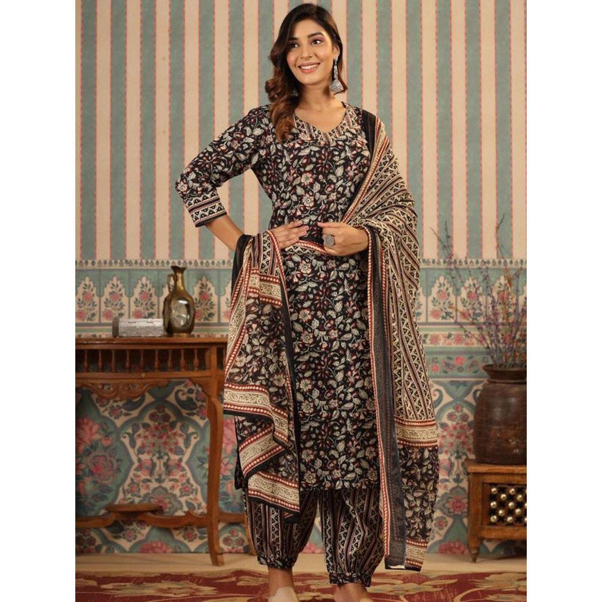Ishin Black Floral Print Kurta, Pants and Printed Dupatta Set-women-clothing-ethnicwear-sareesets-image-1
