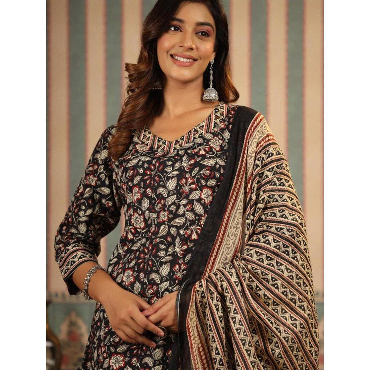 Ishin Black Floral Print Kurta, Pants and Printed Dupatta Set-women-clothing-ethnicwear-sareesets-image-2