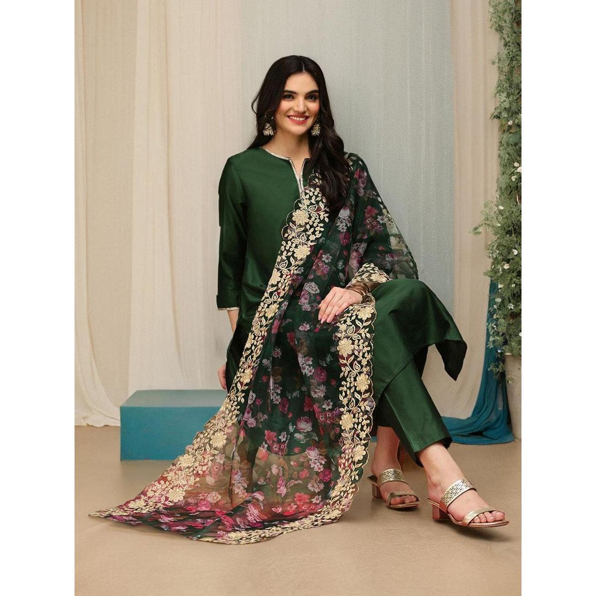 Ishin Women Dark Green Kurta with Trousers and Dupatta Set-women-clothing-ethnicwear-sareesets-image-1