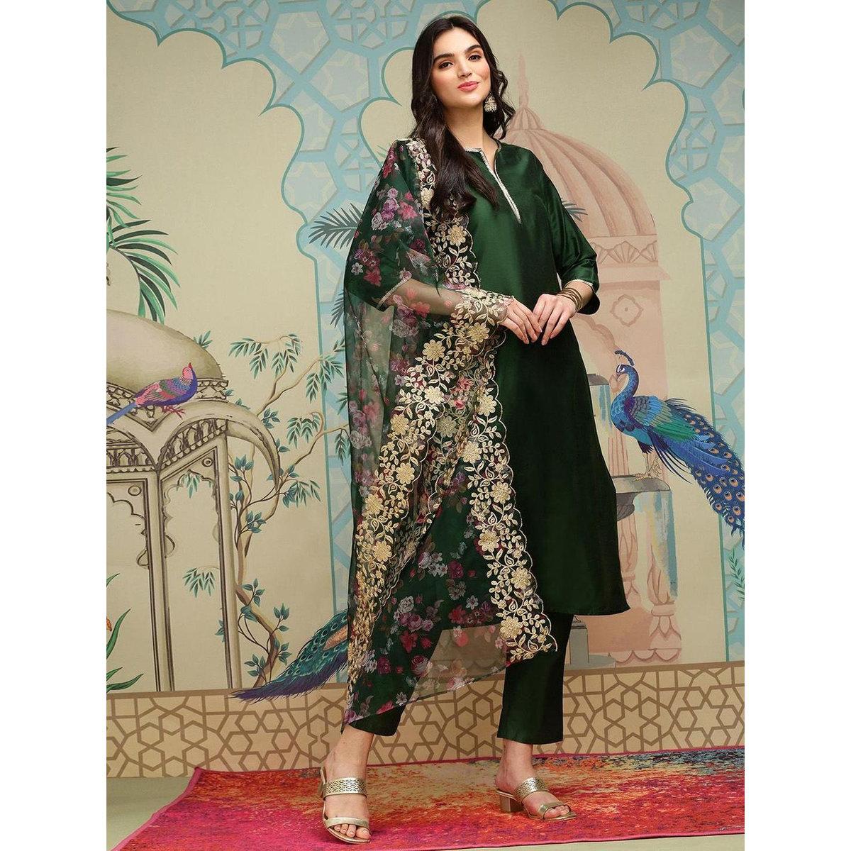 Ishin Women Dark Green Kurta with Trousers and Dupatta Set-women-clothing-ethnicwear-sareesets-image-2