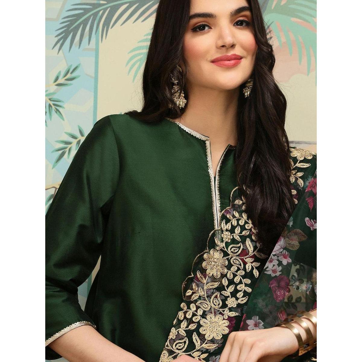 Ishin Women Dark Green Kurta with Trousers and Dupatta Set-women-clothing-ethnicwear-sareesets-image-3