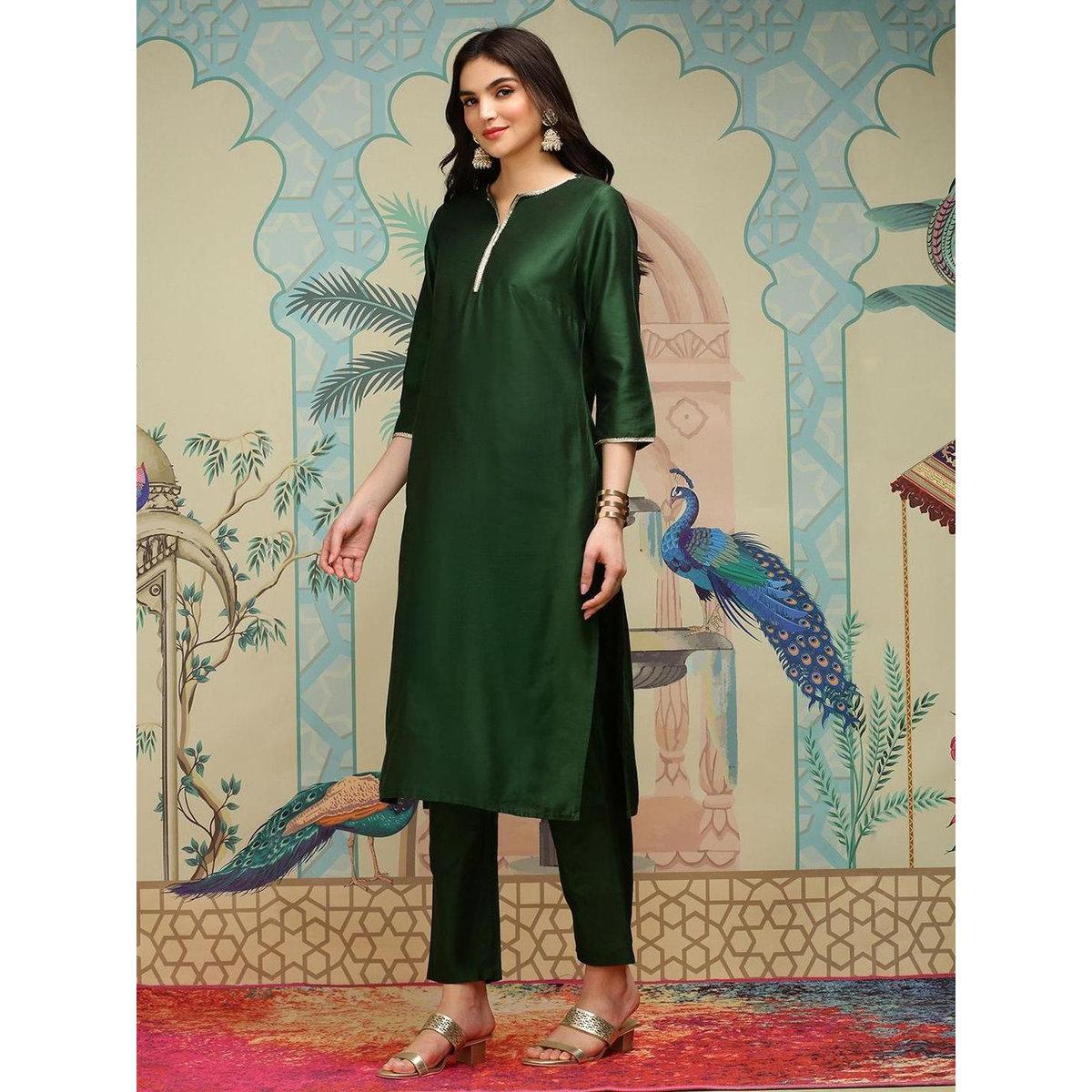 Ishin Women Dark Green Kurta with Trousers and Dupatta Set-women-clothing-ethnicwear-sareesets-image-4