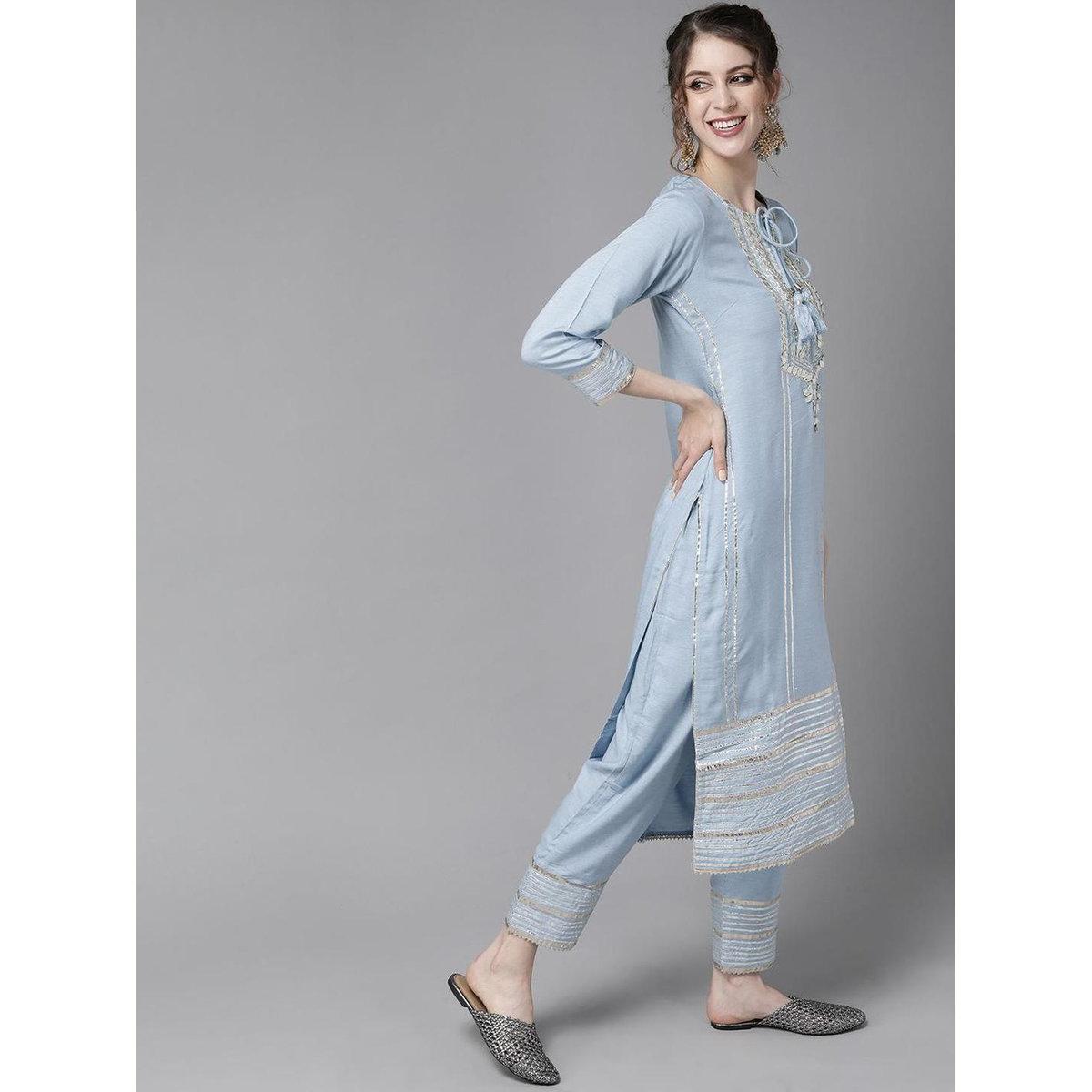 طقم من كورتا وبنطال مع دوباتا-women-clothing-ethnicwear-sareesets-image-4