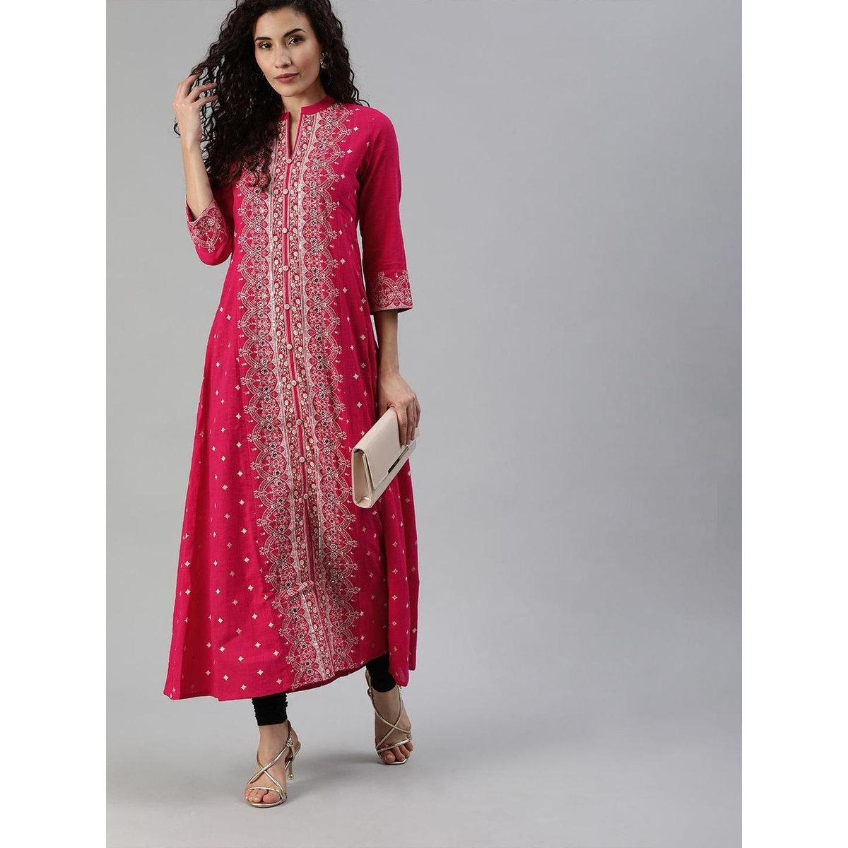 Ishin Women Pink White Printed A-Line Kurta with Mirror Work-women-clothing-ethnicwear-sareesets-image-1