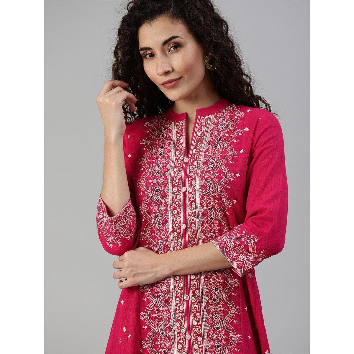 Ishin Women Pink White Printed A-Line Kurta with Mirror Work-women-clothing-ethnicwear-sareesets-image-2