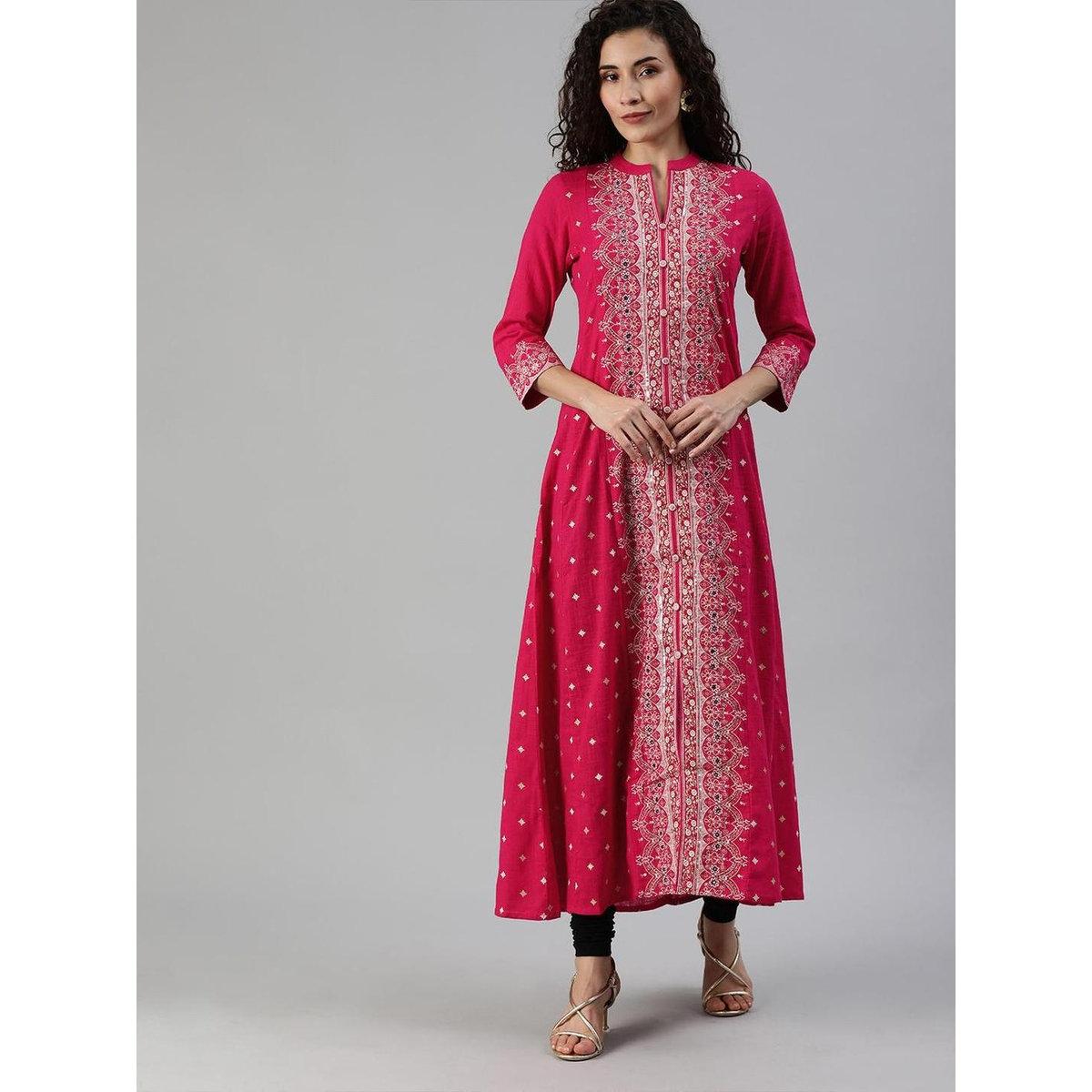 Ishin Women Pink White Printed A-Line Kurta with Mirror Work-women-clothing-ethnicwear-sareesets-image-3