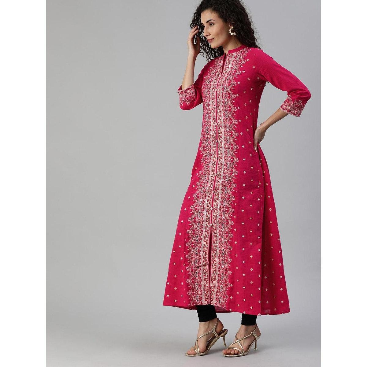 Ishin Women Pink White Printed A-Line Kurta with Mirror Work-women-clothing-ethnicwear-sareesets-image-4