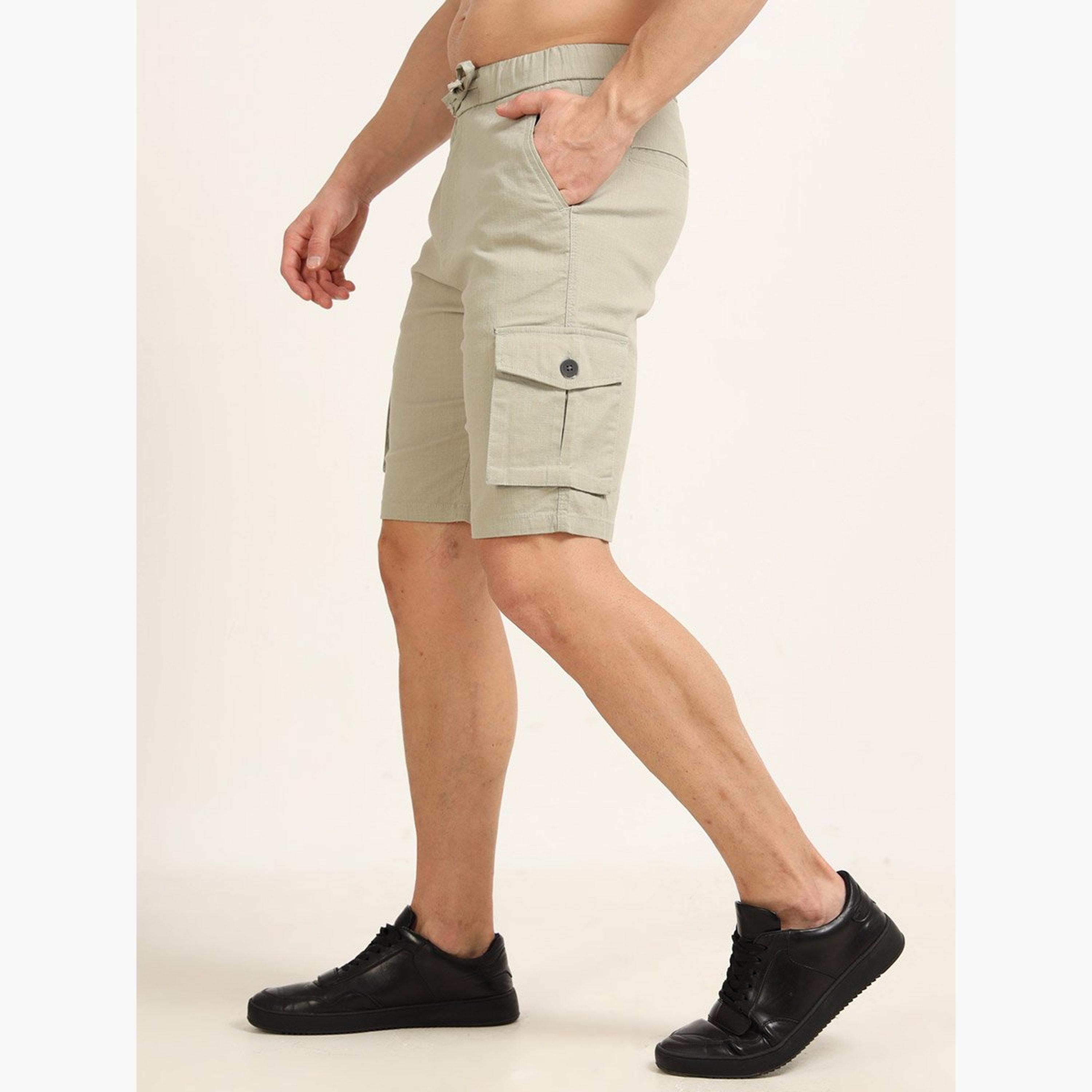 بوشيرت × ستايلي - شورت كارغو كتان أخضر للرجال-men-clothing-bottoms-shorts-image-4