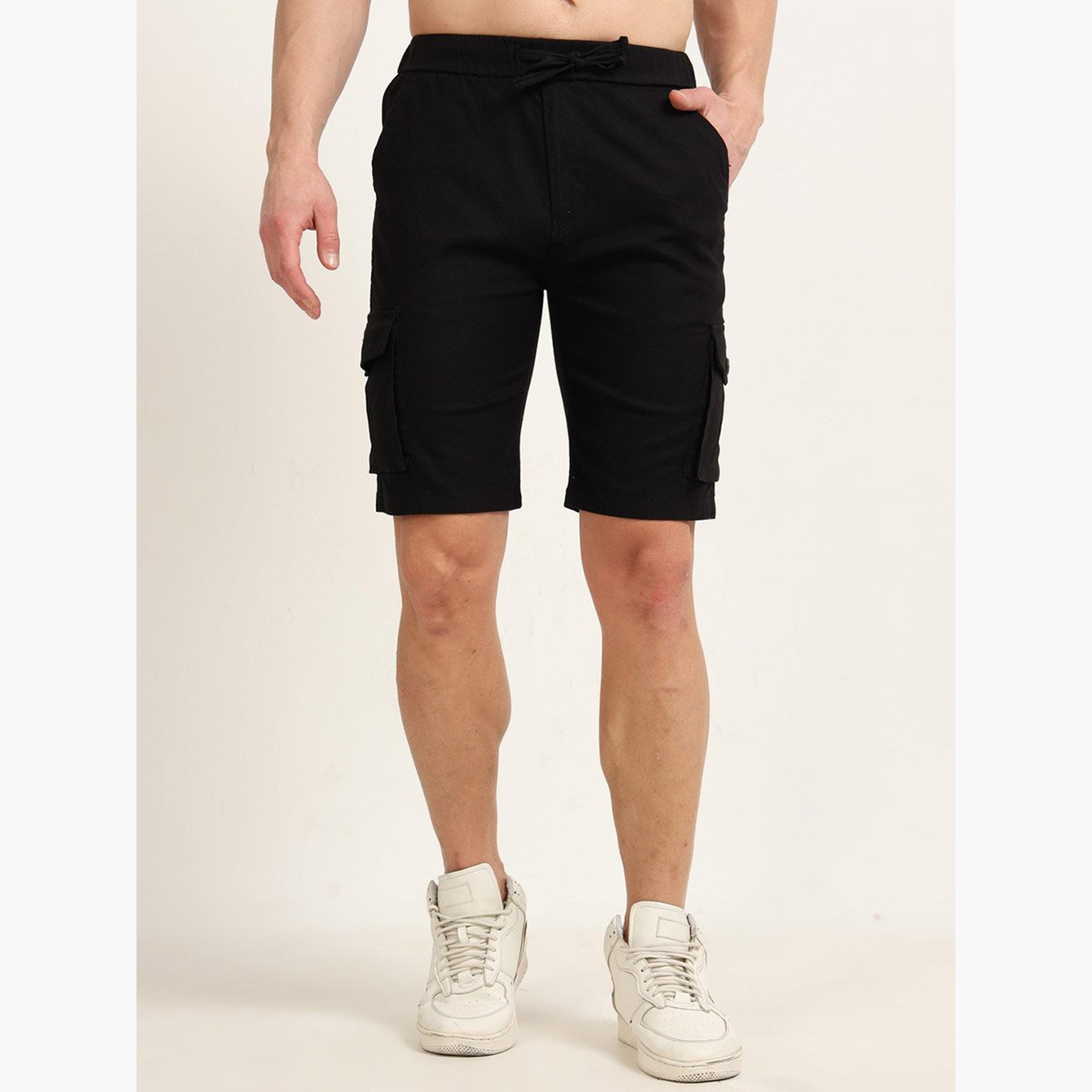 بوشيرت × ستايلي - شورت كارغو تصميم فيت أسود للرجال-men-clothing-bottoms-shorts-image-2