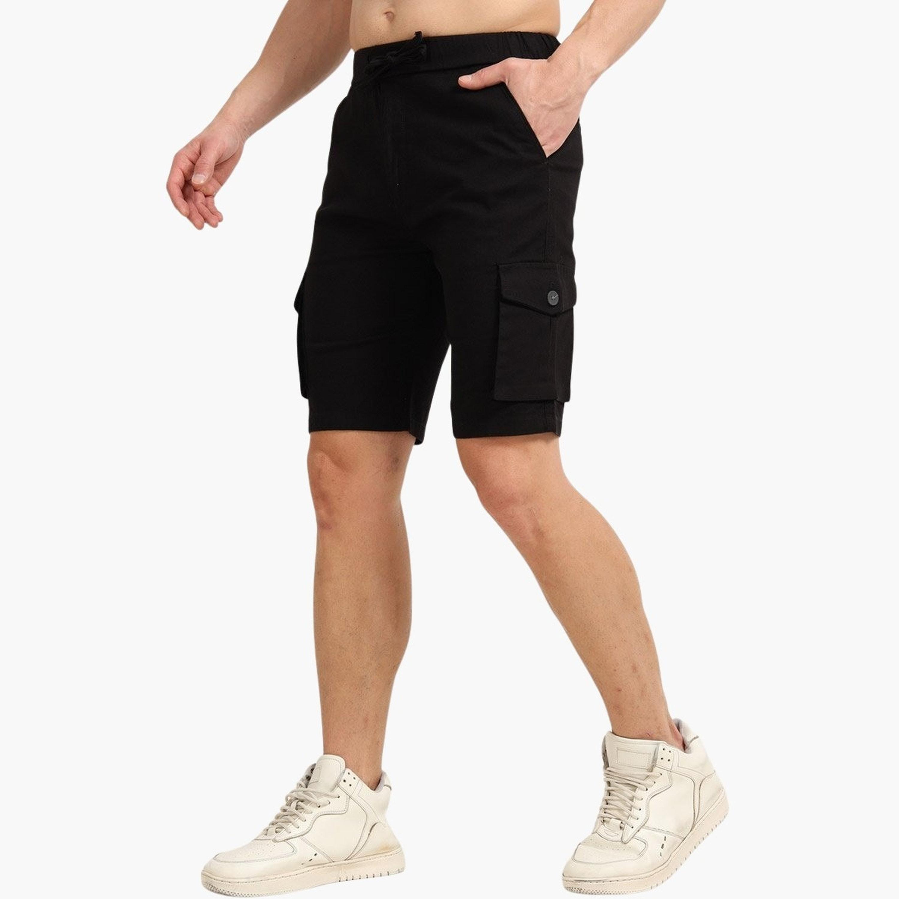 بوشيرت × ستايلي - شورت كارغو تصميم فيت أسود للرجال-men-clothing-bottoms-shorts-image-3