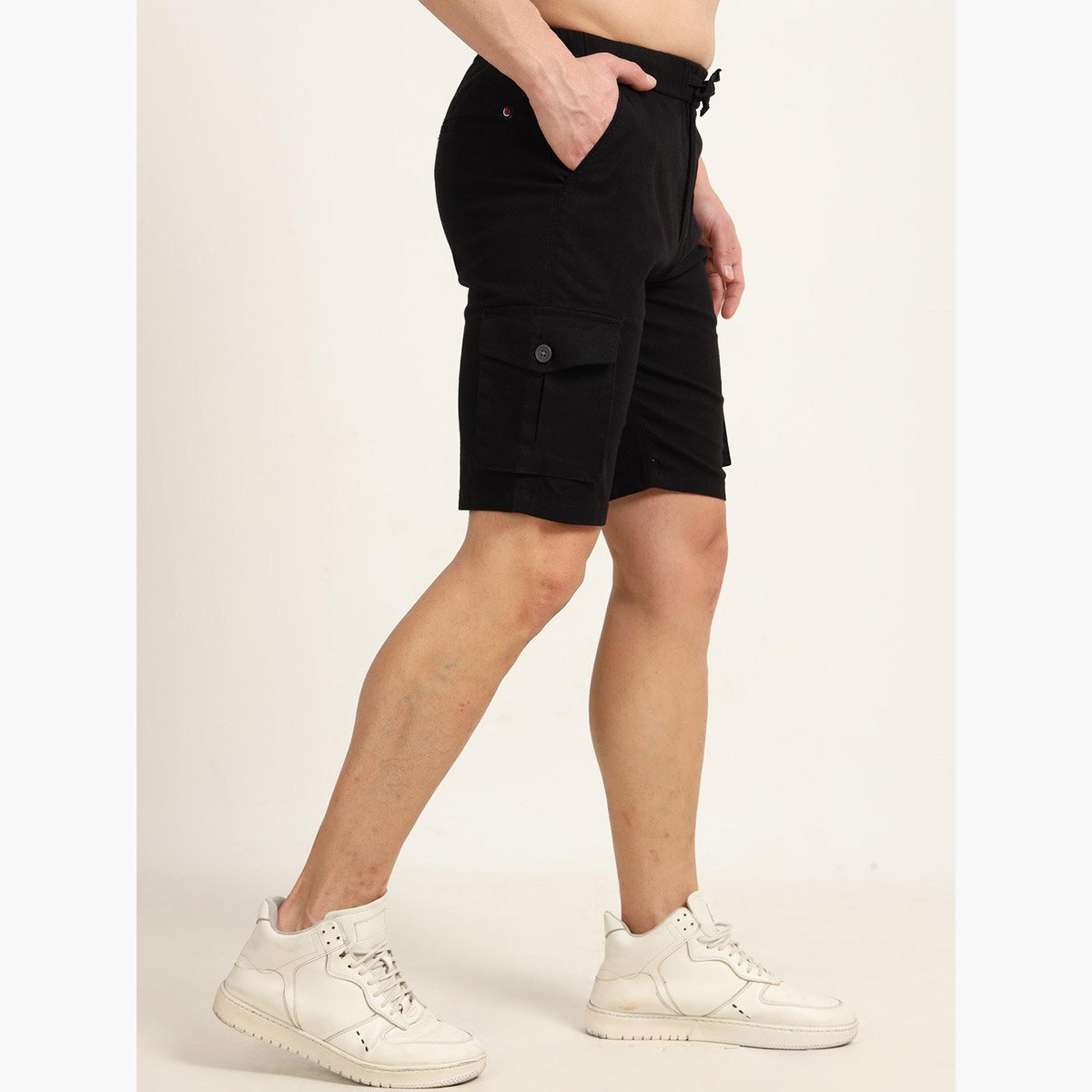 بوشيرت × ستايلي - شورت كارغو تصميم فيت أسود للرجال-men-clothing-bottoms-shorts-image-4
