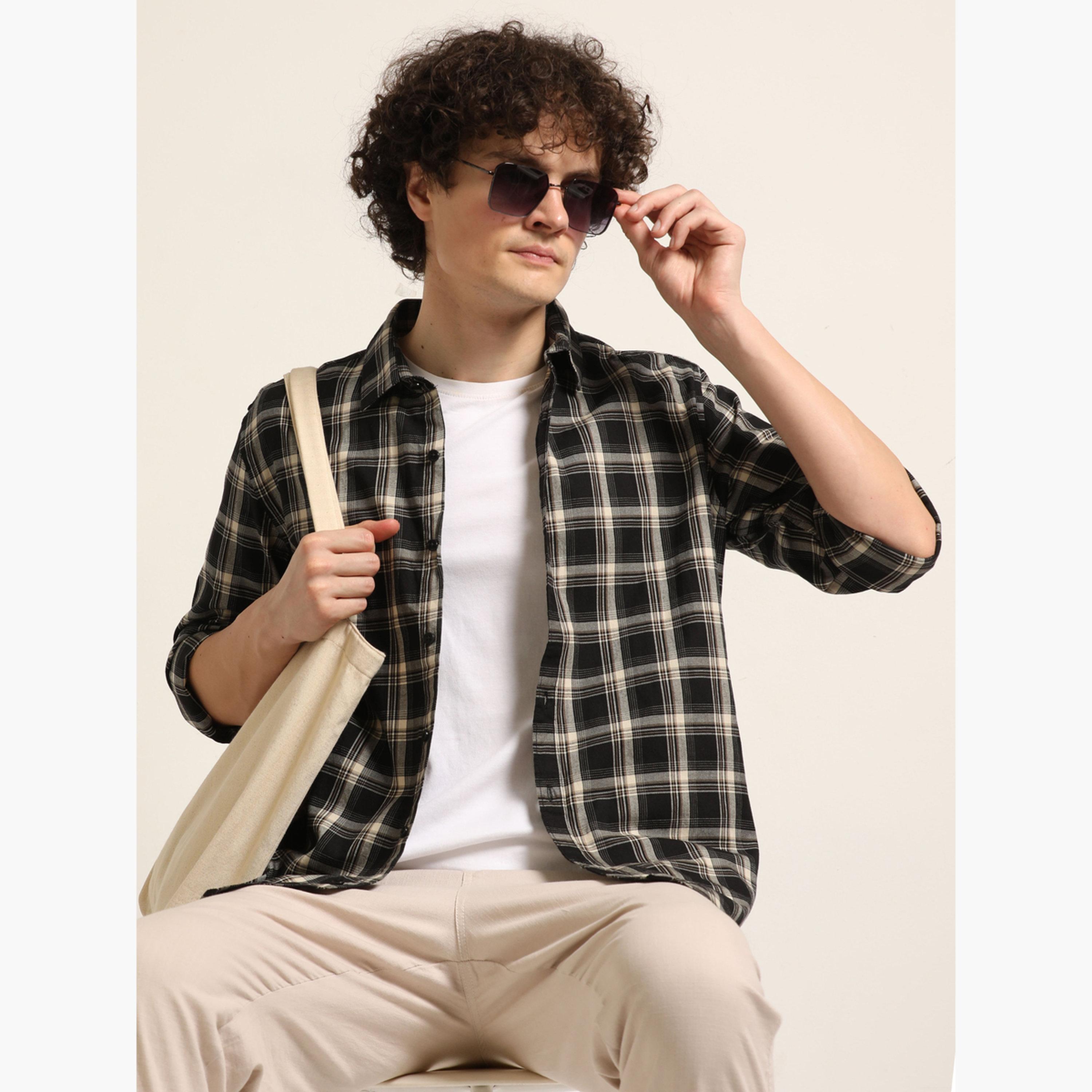 Bushirt Men Black Checked Spread Collar Shirt-men-clothing-shirts-image-2