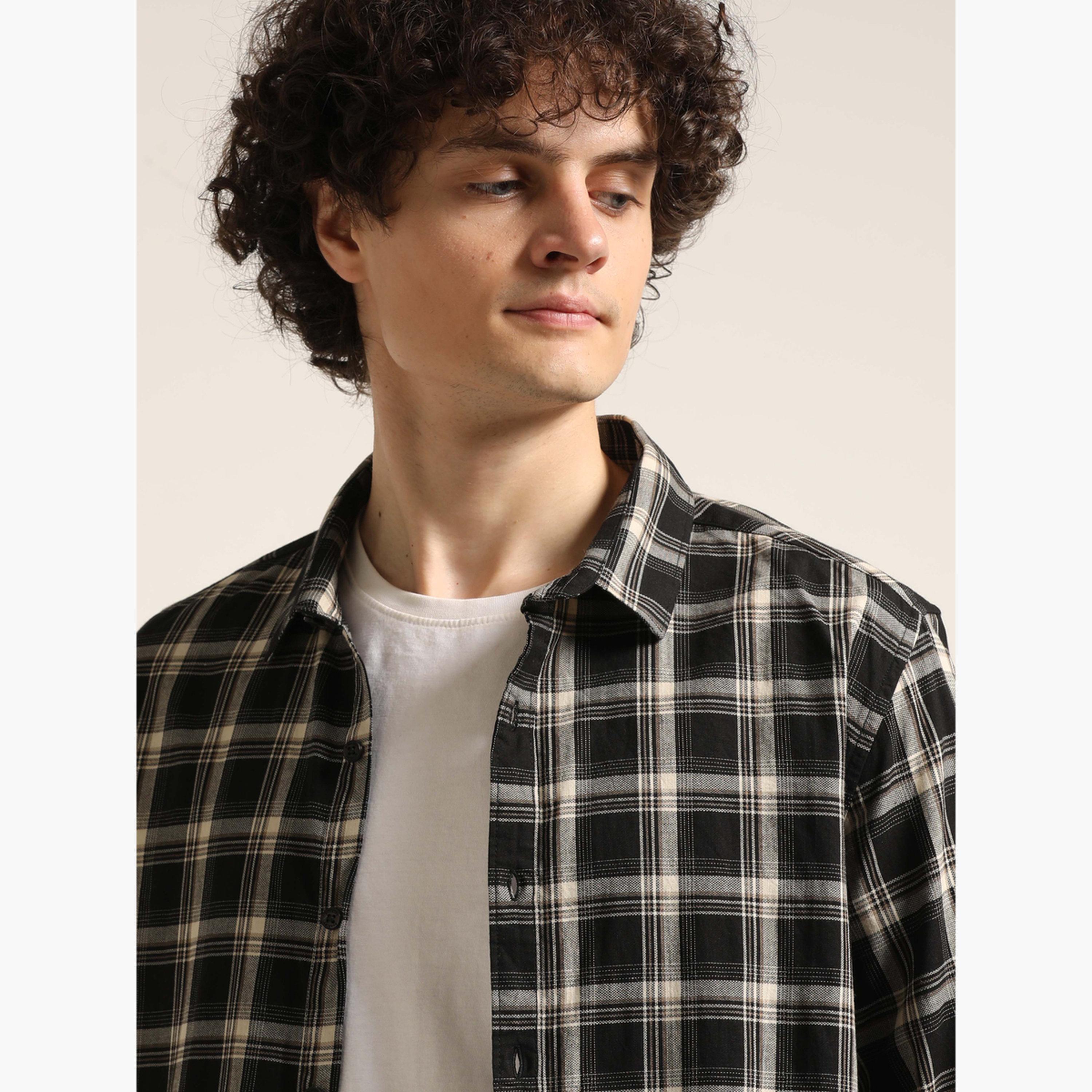 Bushirt Men Black Checked Spread Collar Shirt-men-clothing-shirts-image-4