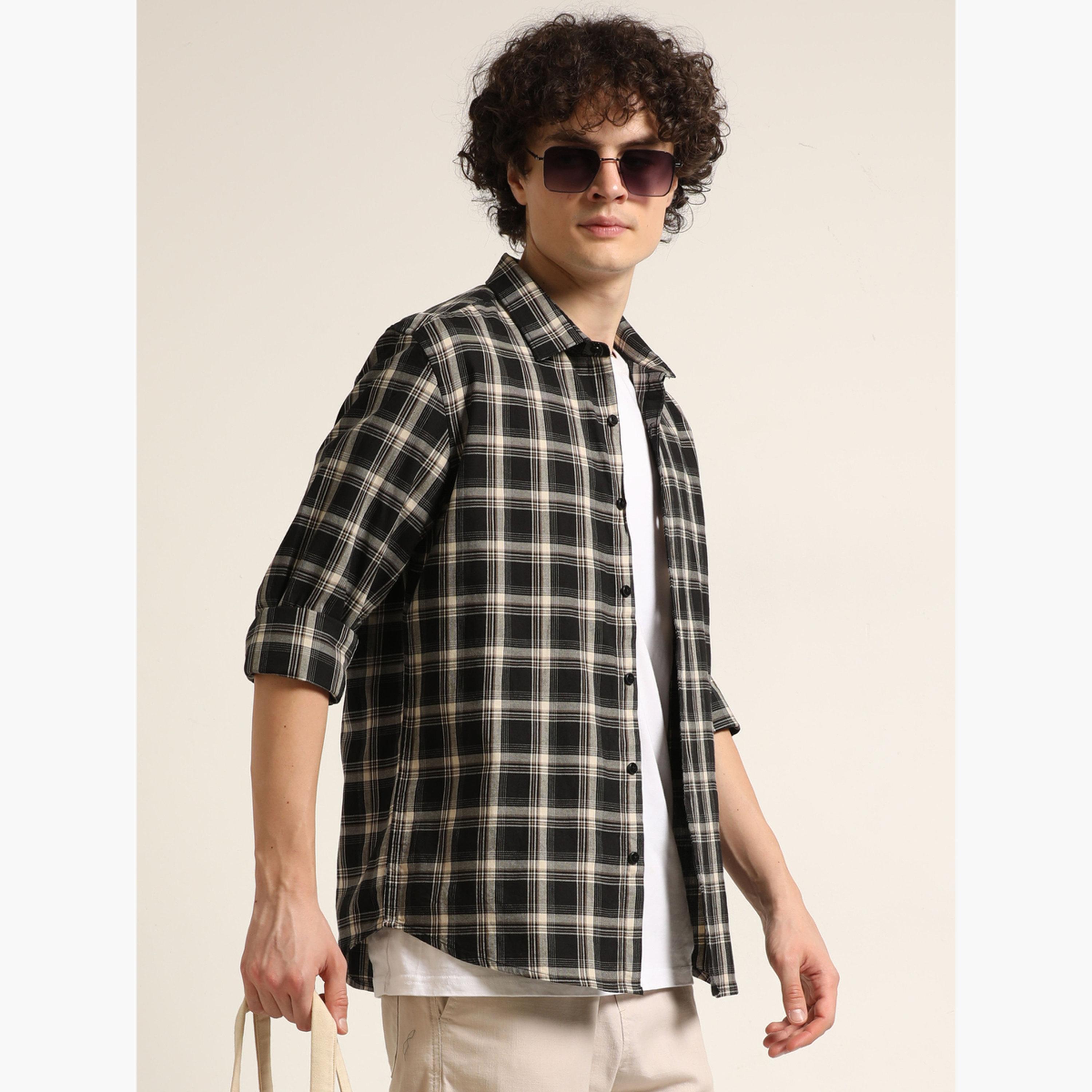 Bushirt Men Black Checked Spread Collar Shirt-men-clothing-shirts-image-5