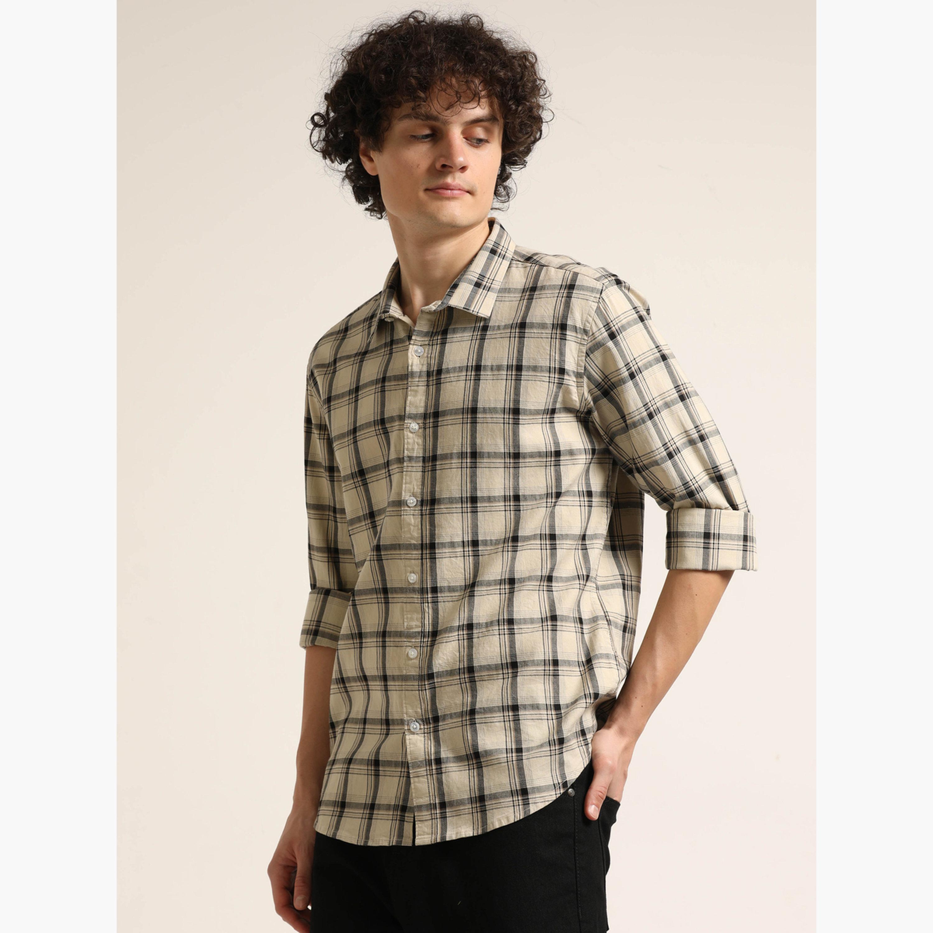 Bushirt Men Beige Checked Casual Shirt-men-clothing-shirts-image-1