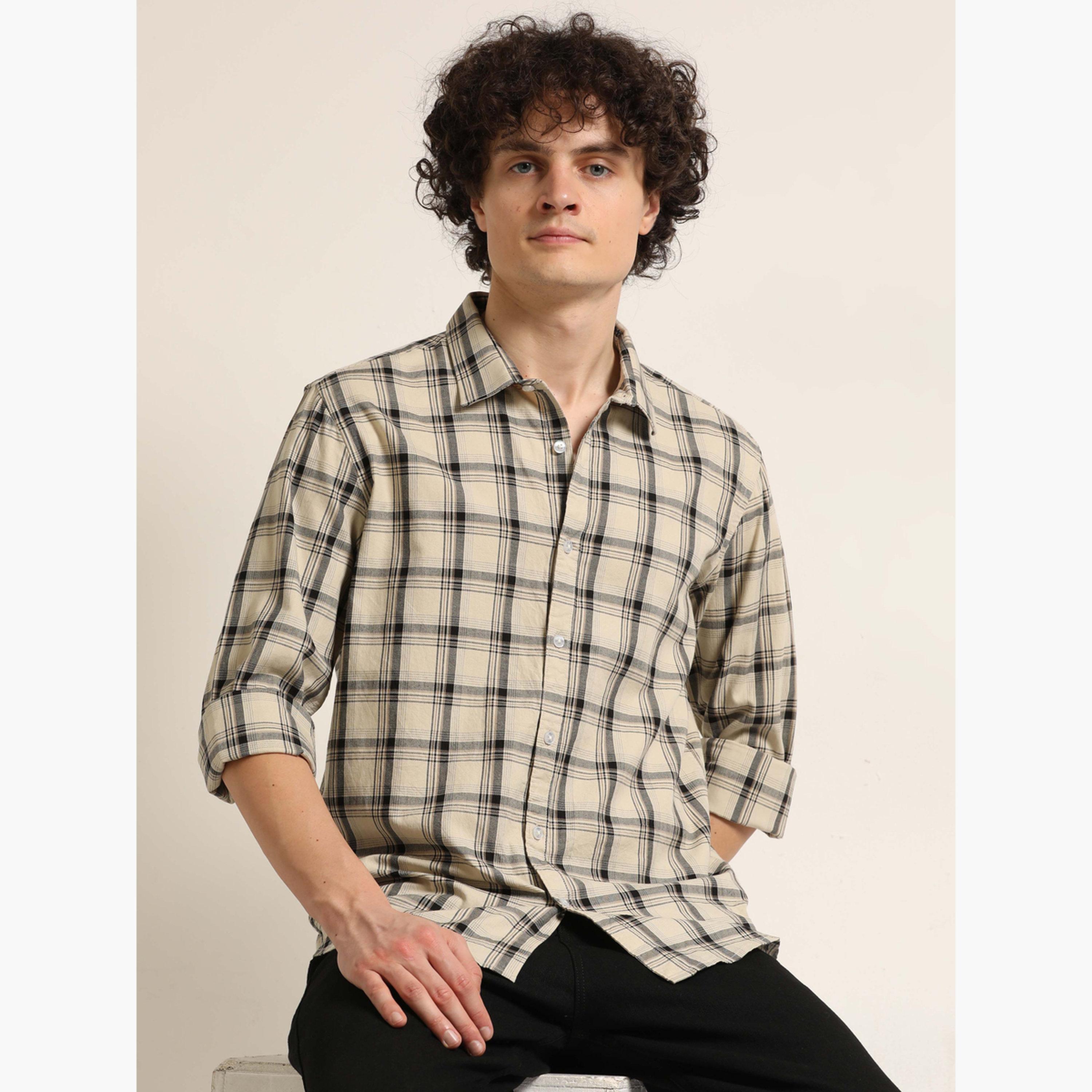 Bushirt Men Beige Checked Casual Shirt-men-clothing-shirts-image-2