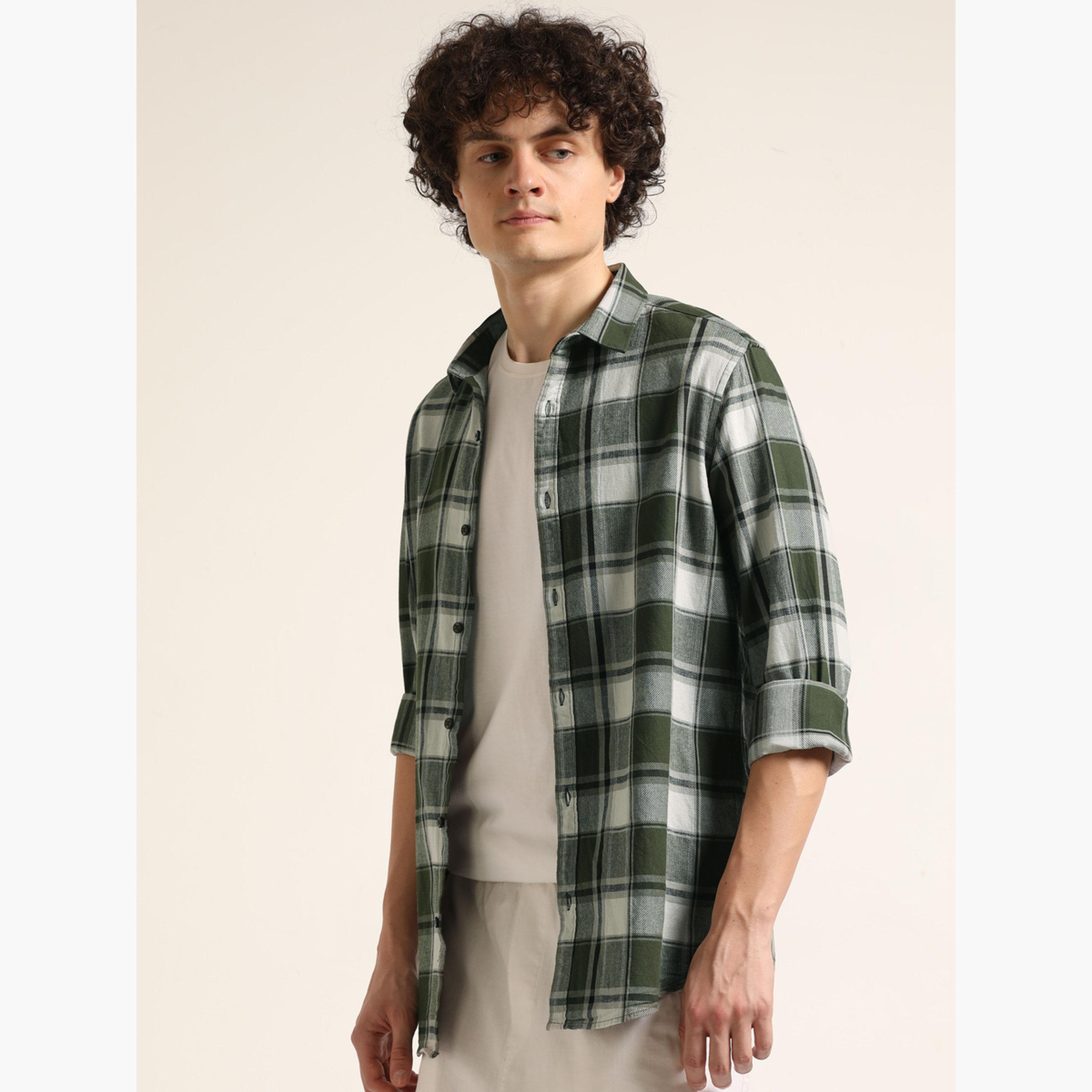 Bushirt Men Olive Checked Flannel Shirt-men-clothing-shirts-image-1