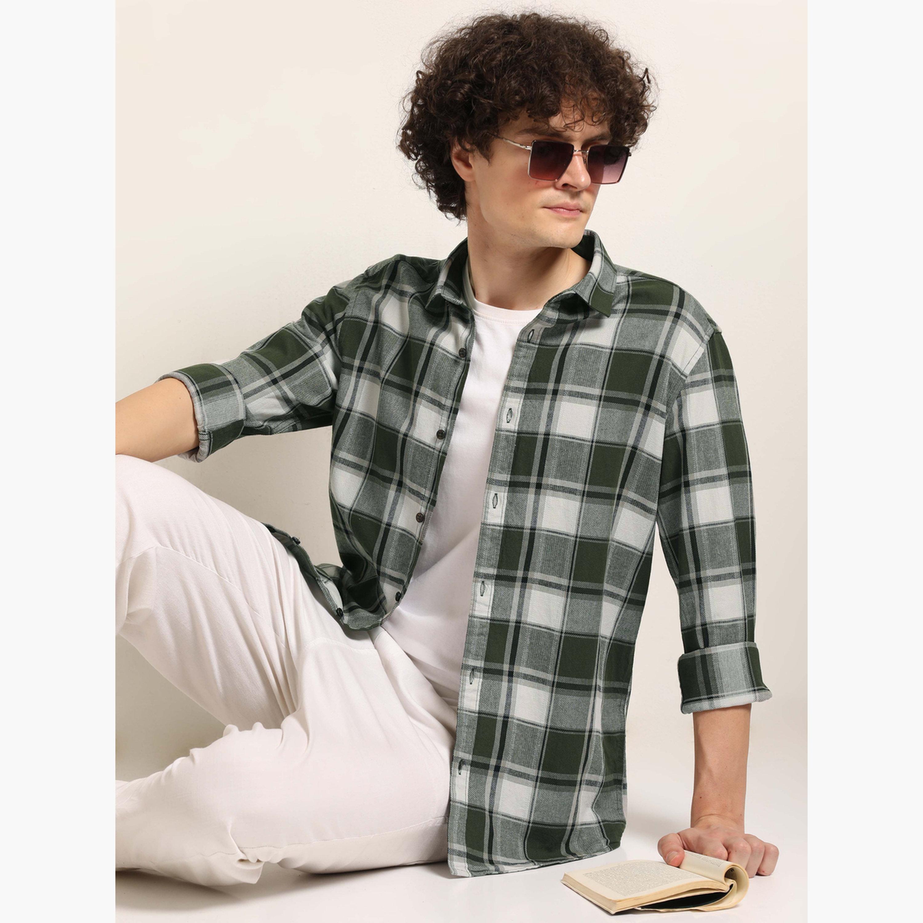 Bushirt Men Olive Checked Flannel Shirt-men-clothing-shirts-image-2