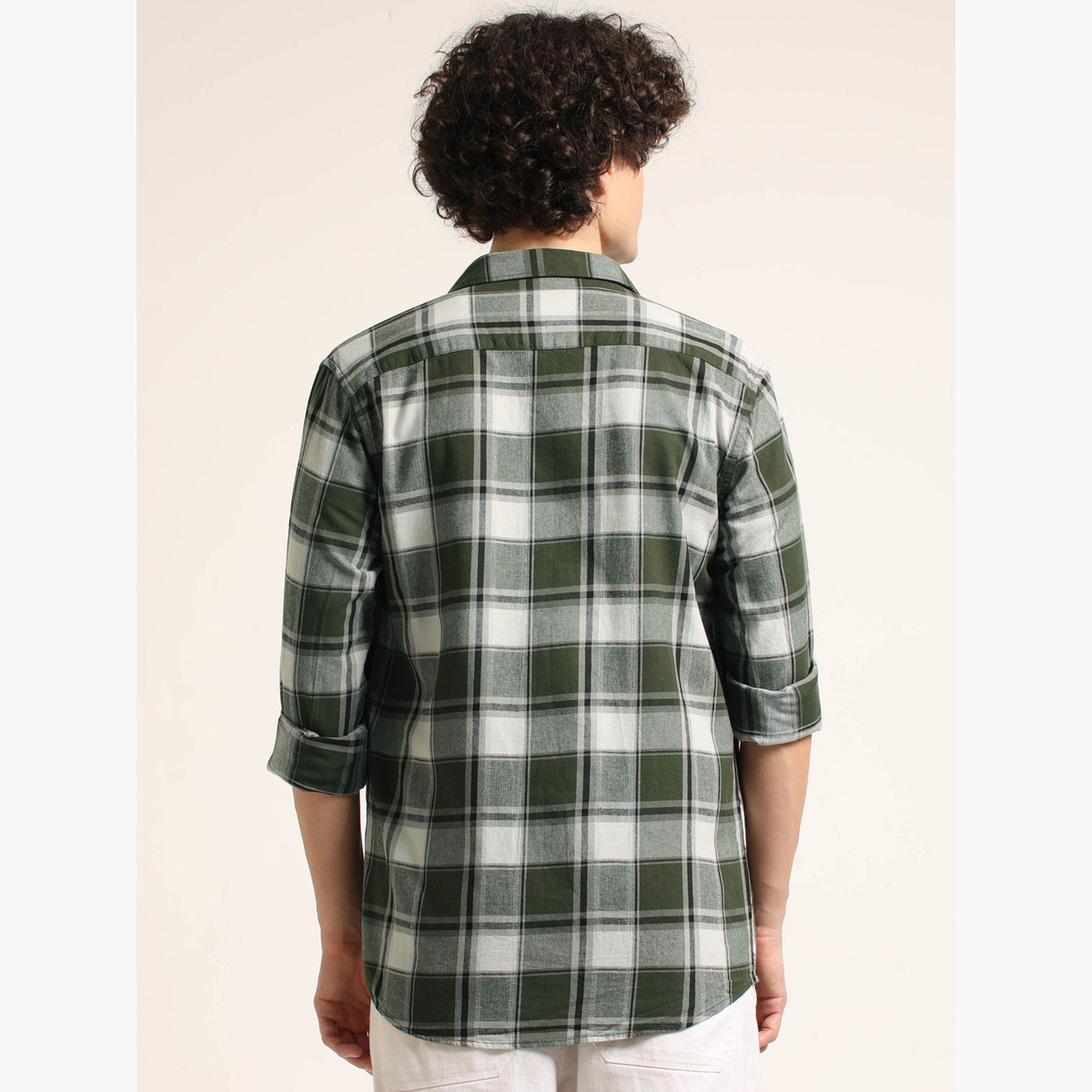 بوشيرت - قميص رجالي من الفلانيل منقوش لون زيتوني-men-clothing-shirts-image-3