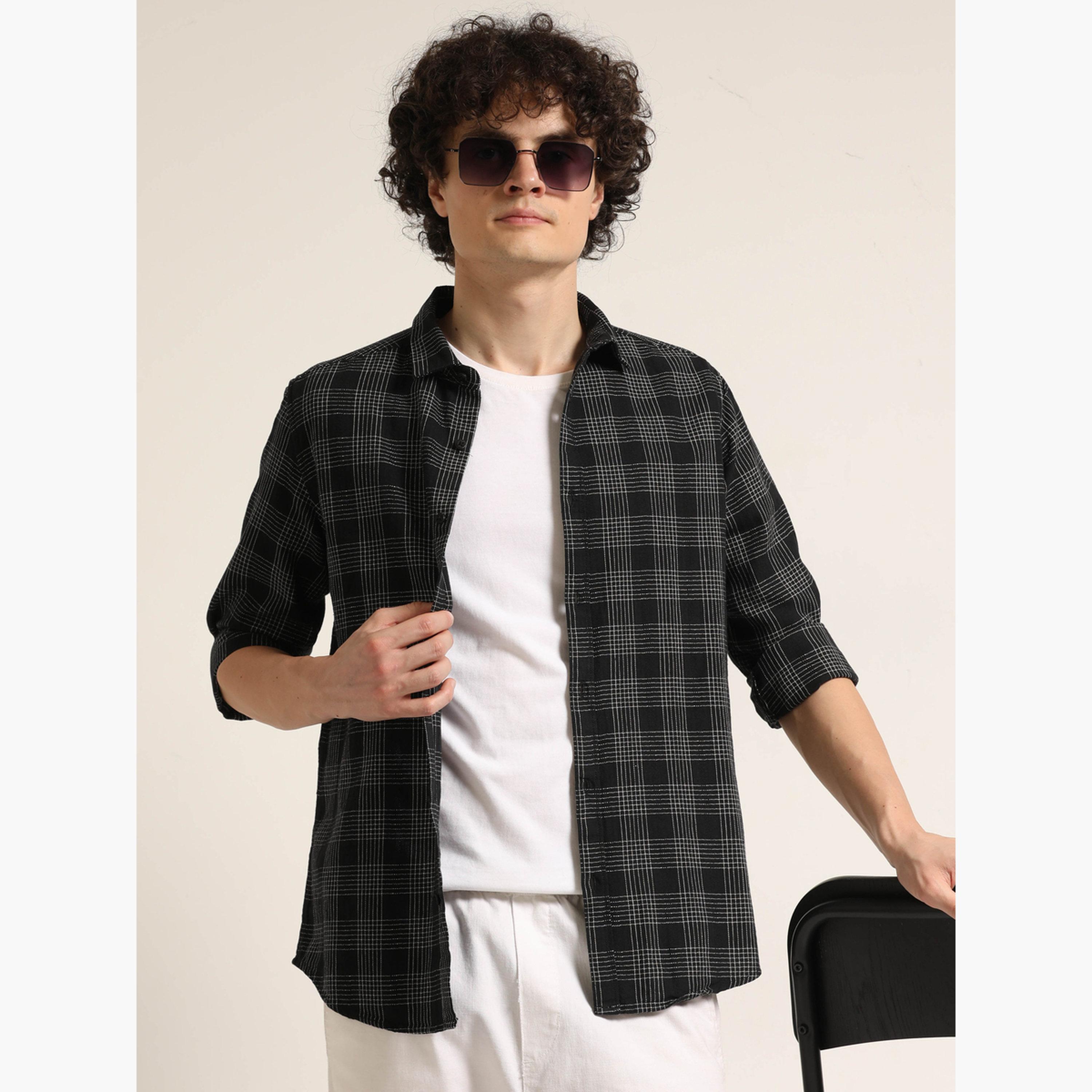 Bushirt Men Black Checked Spread Collar Shirt-men-clothing-shirts-image-1