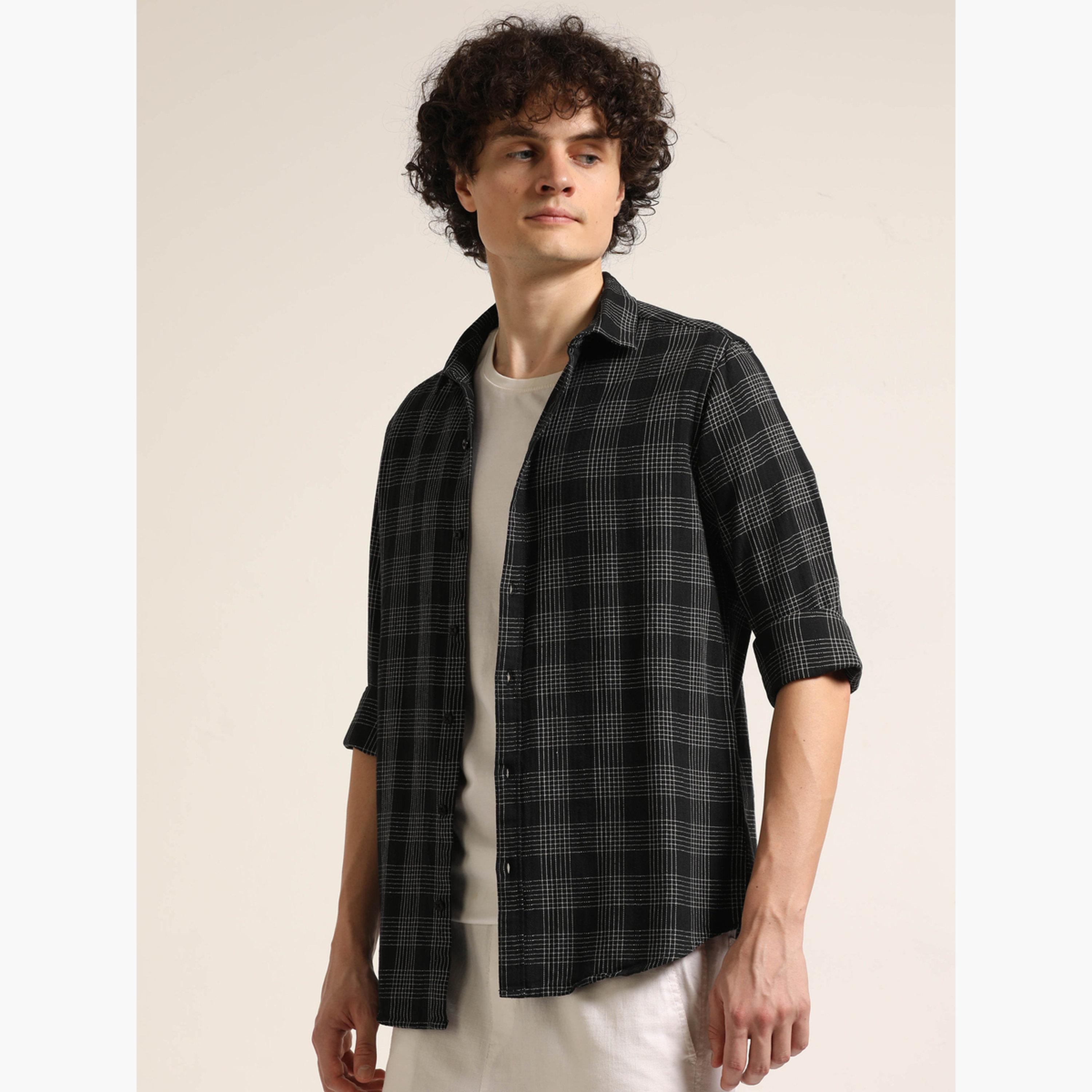 Bushirt Men Black Checked Spread Collar Shirt-men-clothing-shirts-image-2