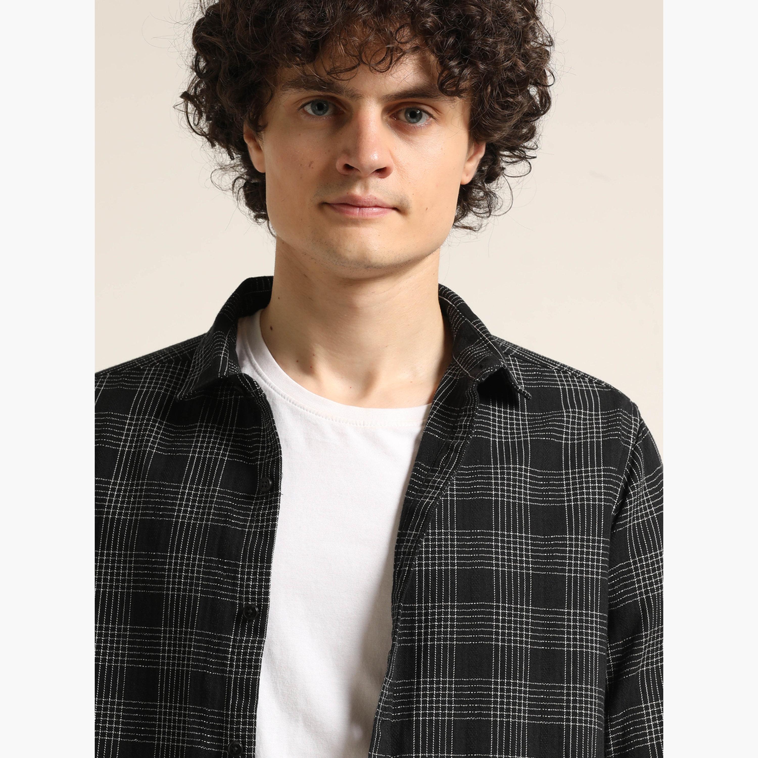 Bushirt Men Black Checked Spread Collar Shirt-men-clothing-shirts-image-4