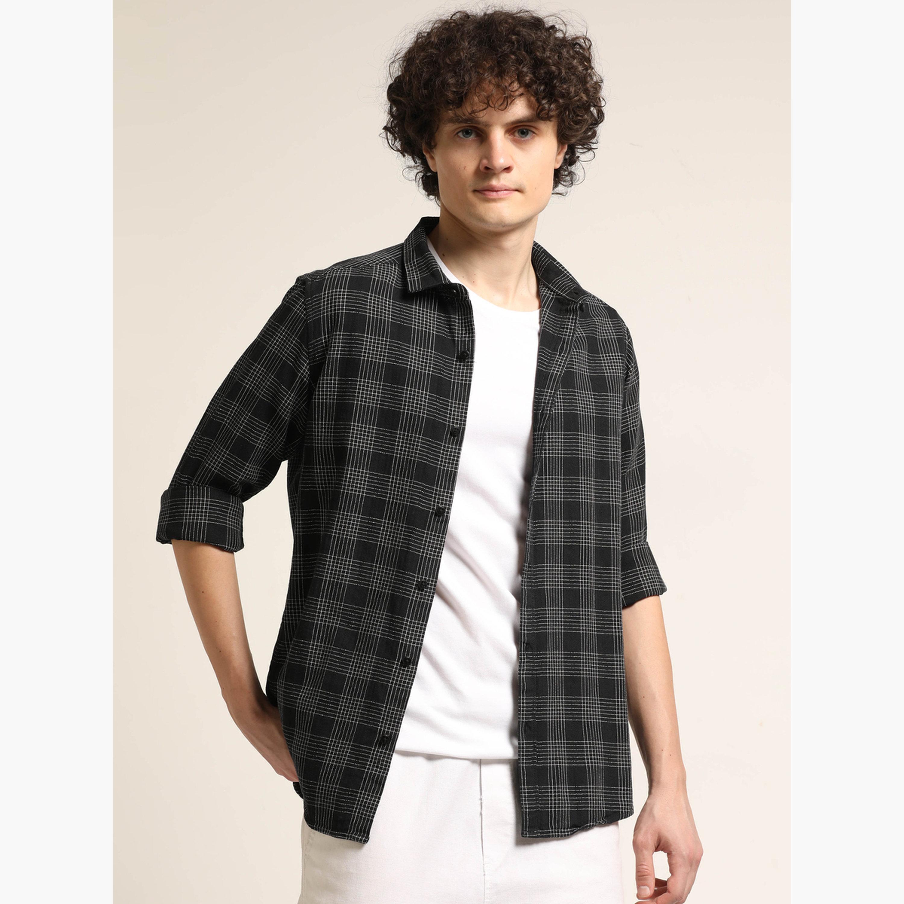 Bushirt Men Black Checked Spread Collar Shirt-men-clothing-shirts-image-5