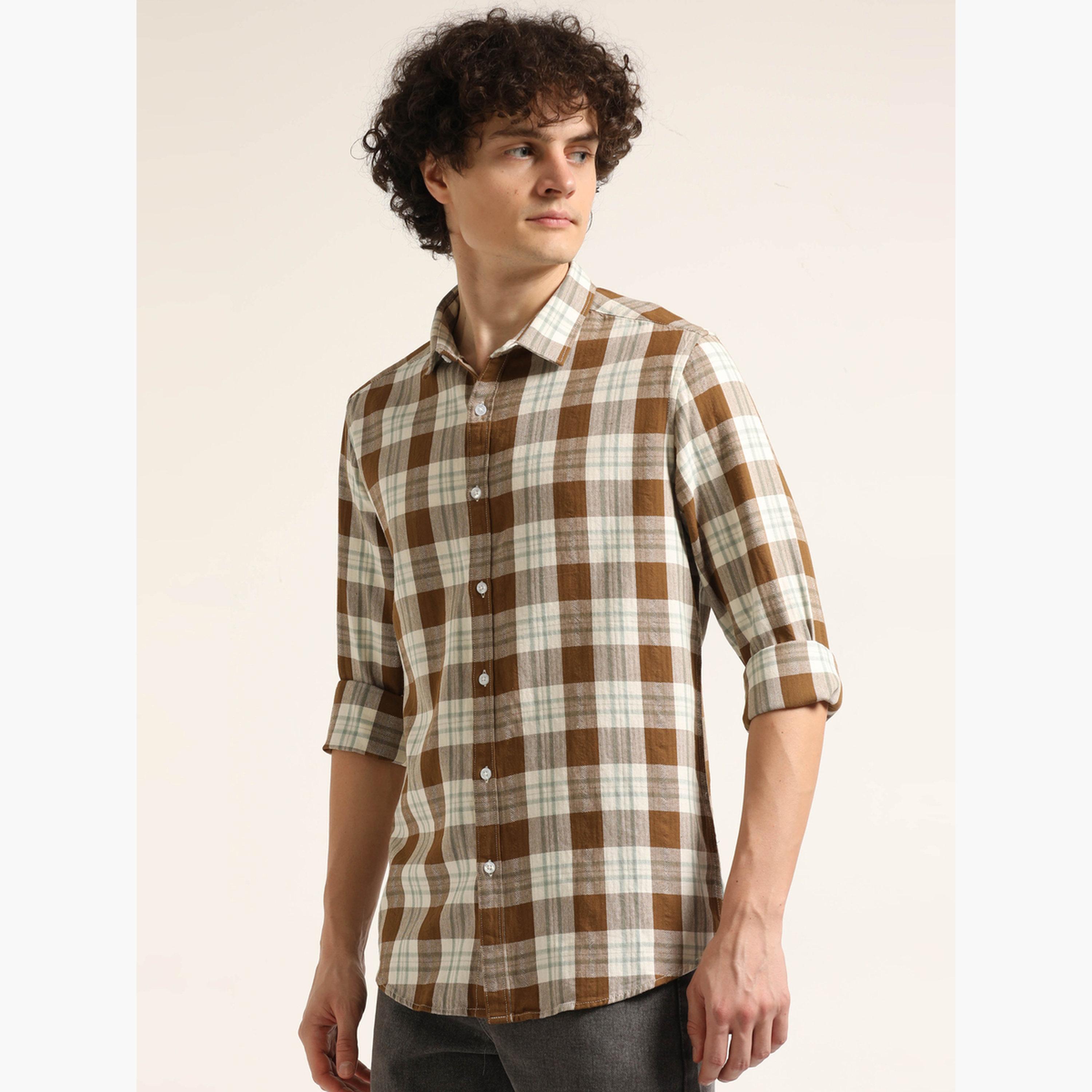 Bushirt Men Brown Checked Spread Collar Shirt-men-clothing-shirts-image-1