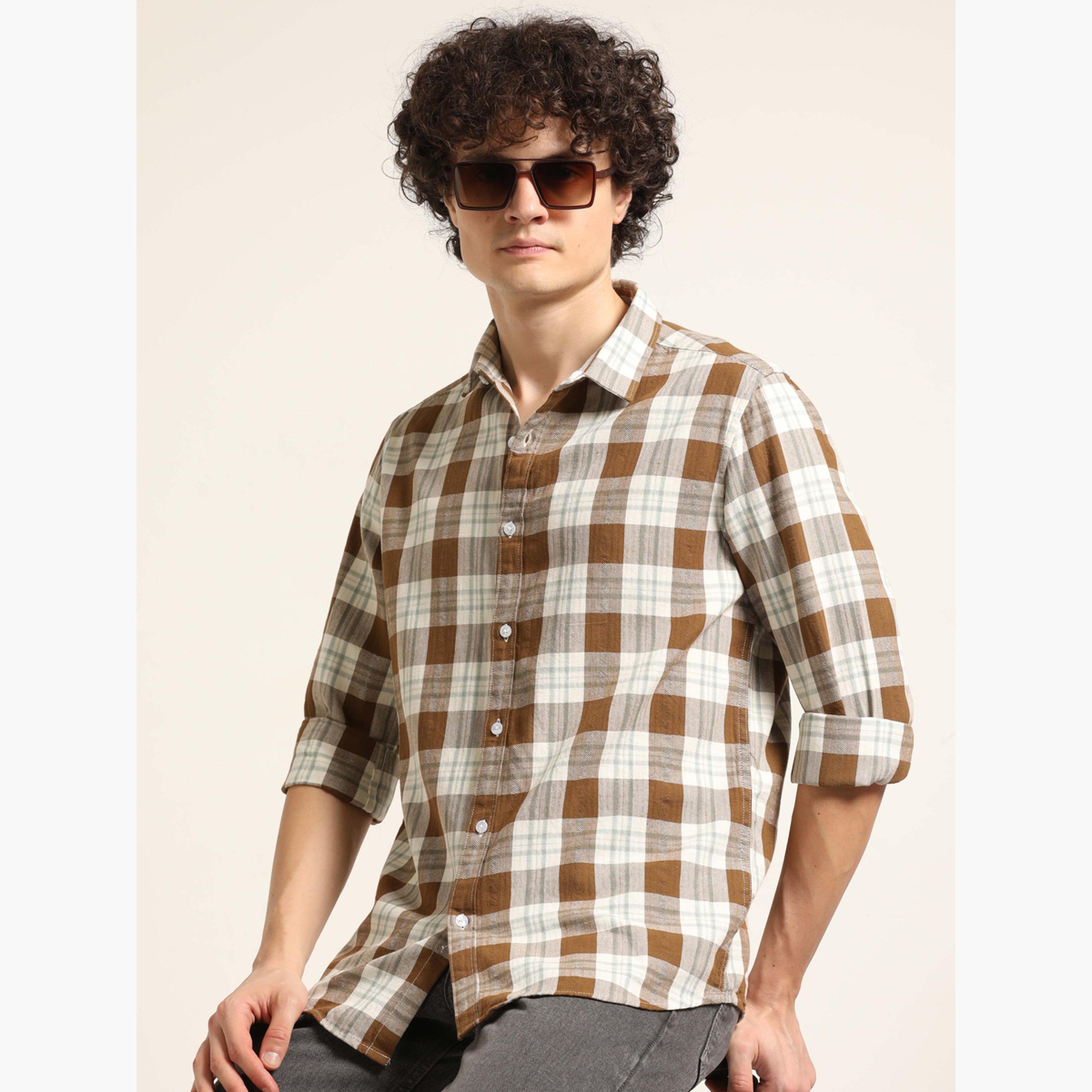 Bushirt Men Brown Checked Spread Collar Shirt-men-clothing-shirts-image-2