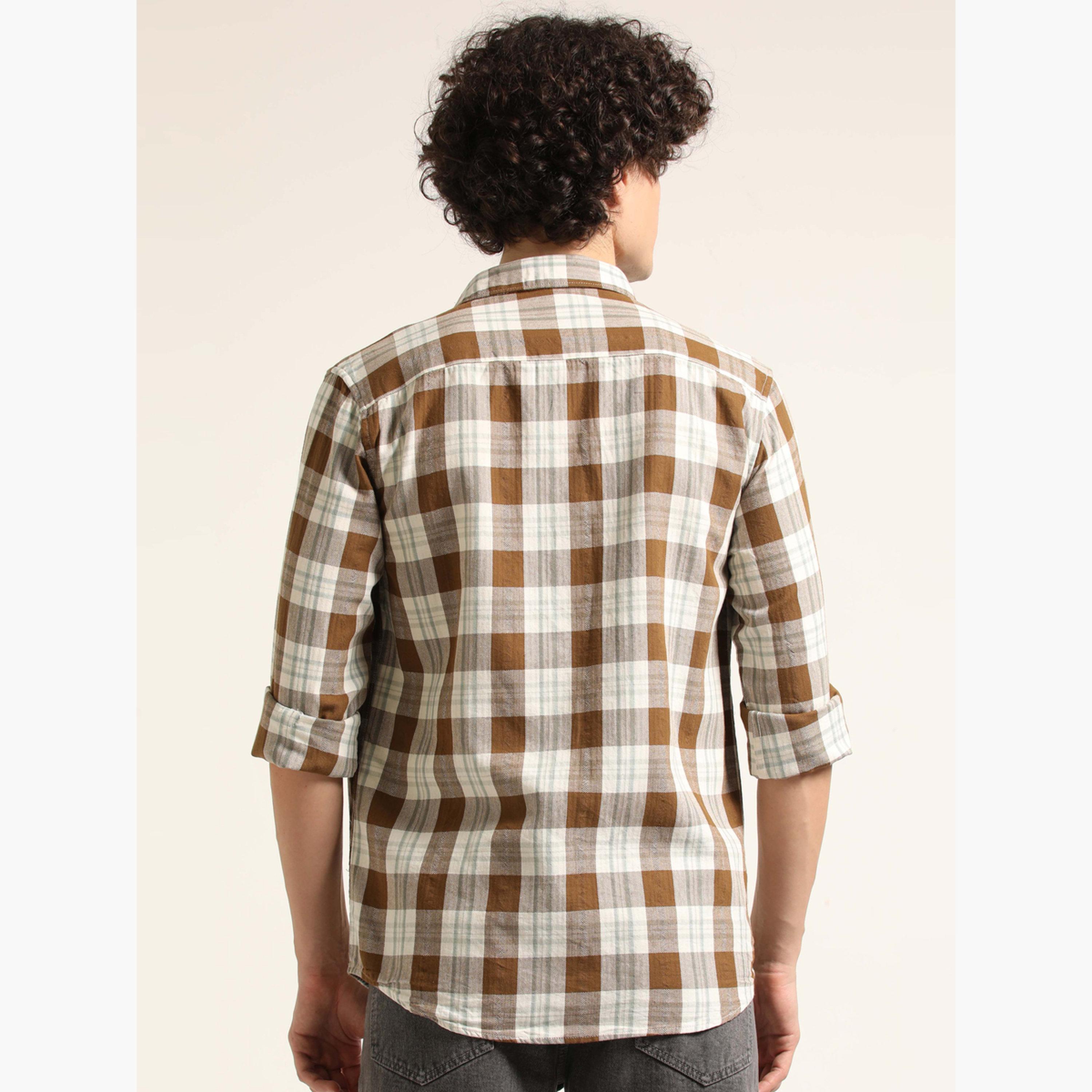 Bushirt Men Brown Checked Spread Collar Shirt-men-clothing-shirts-image-3