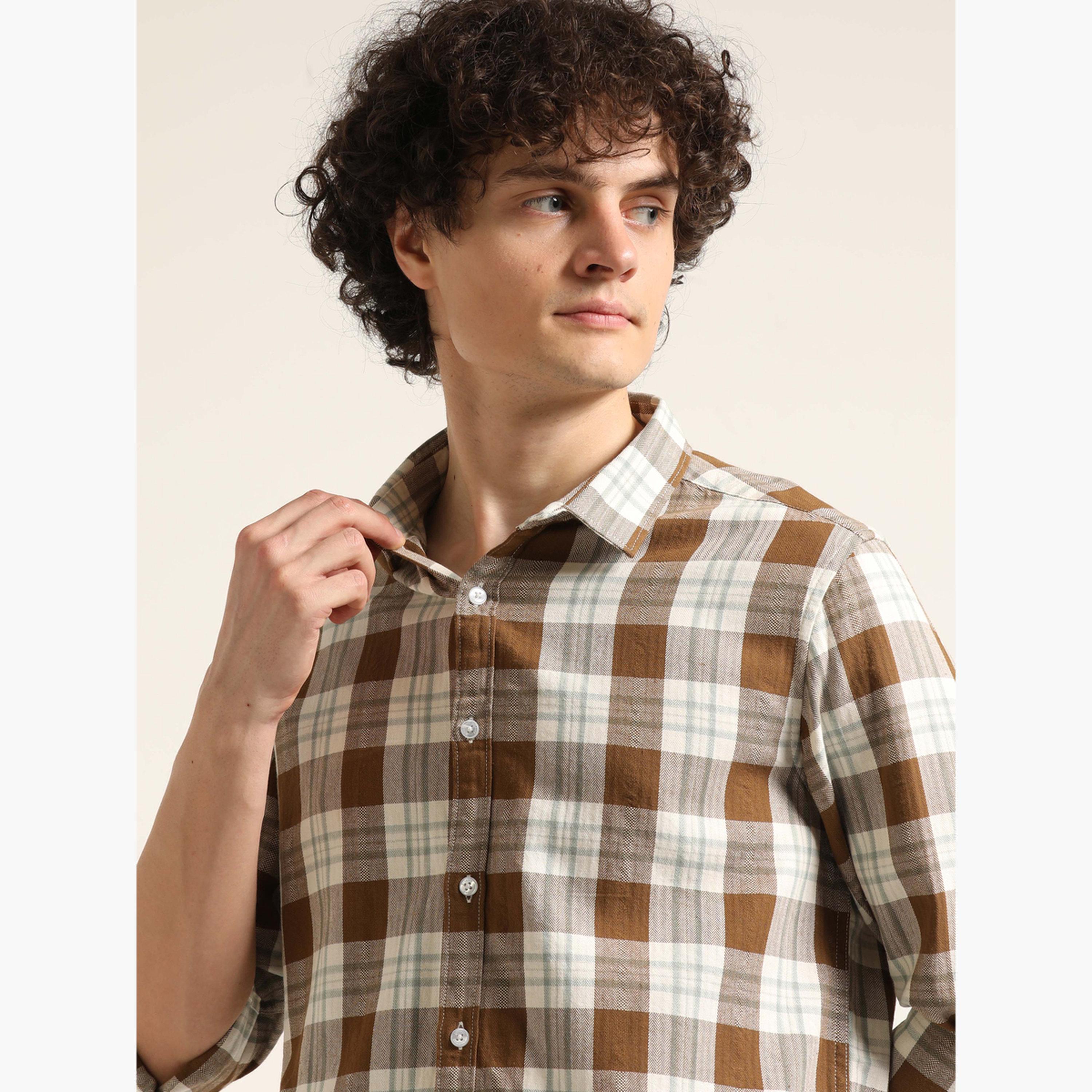 Bushirt Men Brown Checked Spread Collar Shirt-men-clothing-shirts-image-4