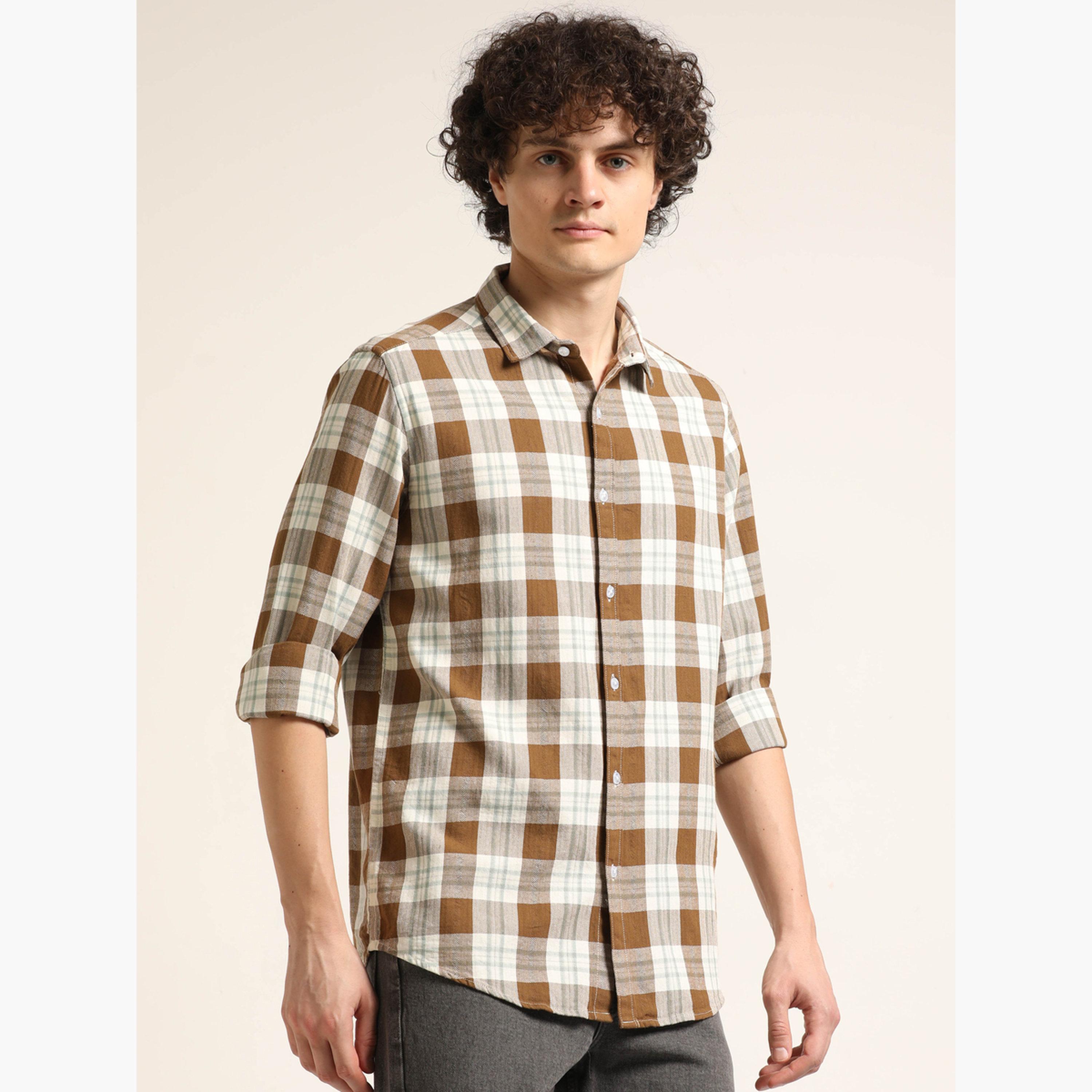 Bushirt Men Brown Checked Spread Collar Shirt-men-clothing-shirts-image-5