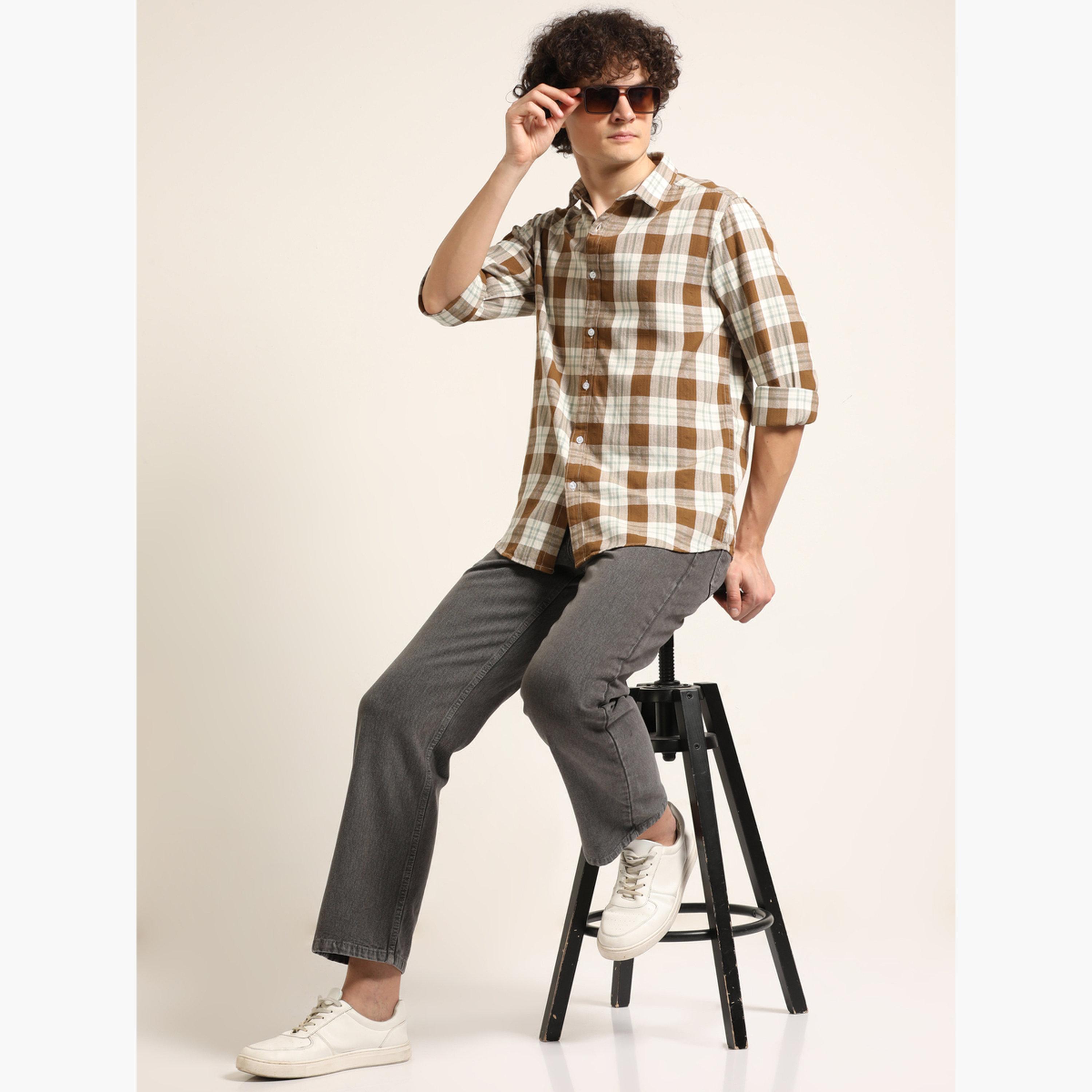 Bushirt Men Brown Checked Spread Collar Shirt-men-clothing-shirts-image-6