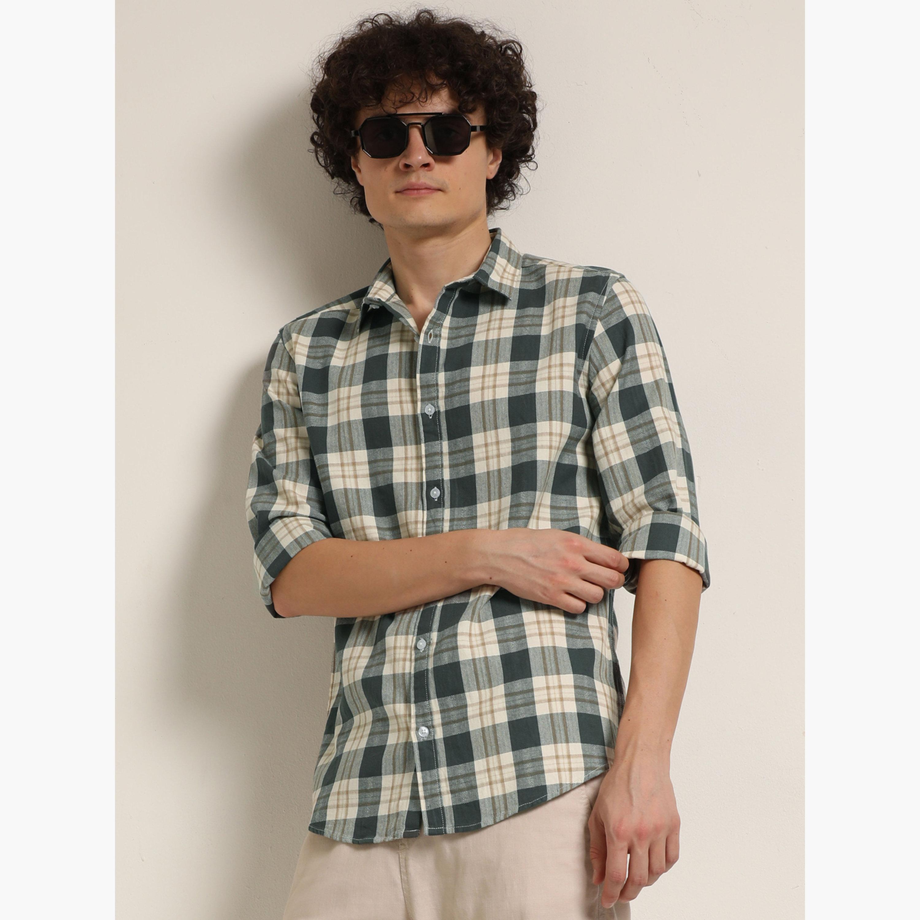 Bushirt Men Grey Checked Spread Collar Shirt-men-clothing-shirts-image-1