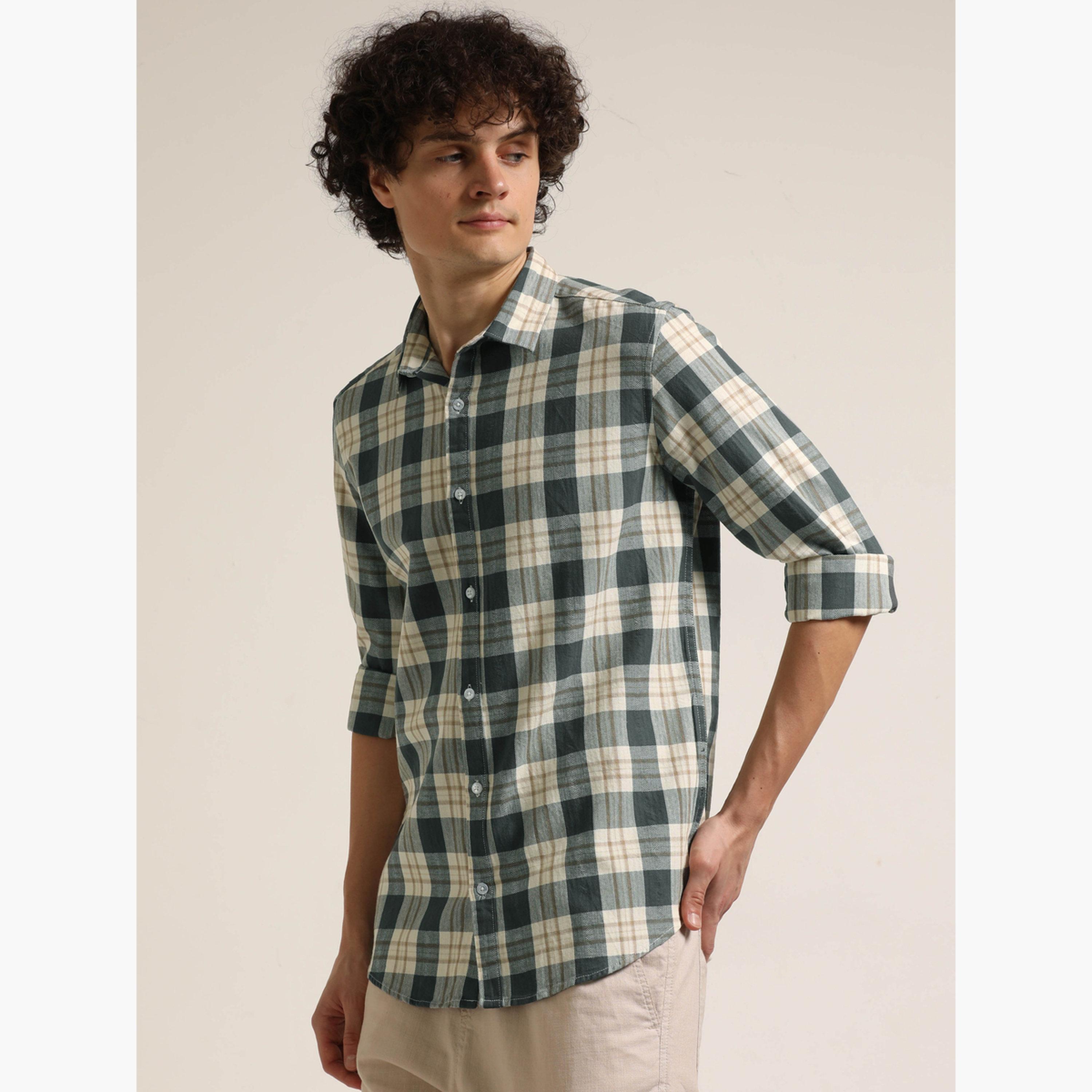 Bushirt Men Grey Checked Spread Collar Shirt-men-clothing-shirts-image-2