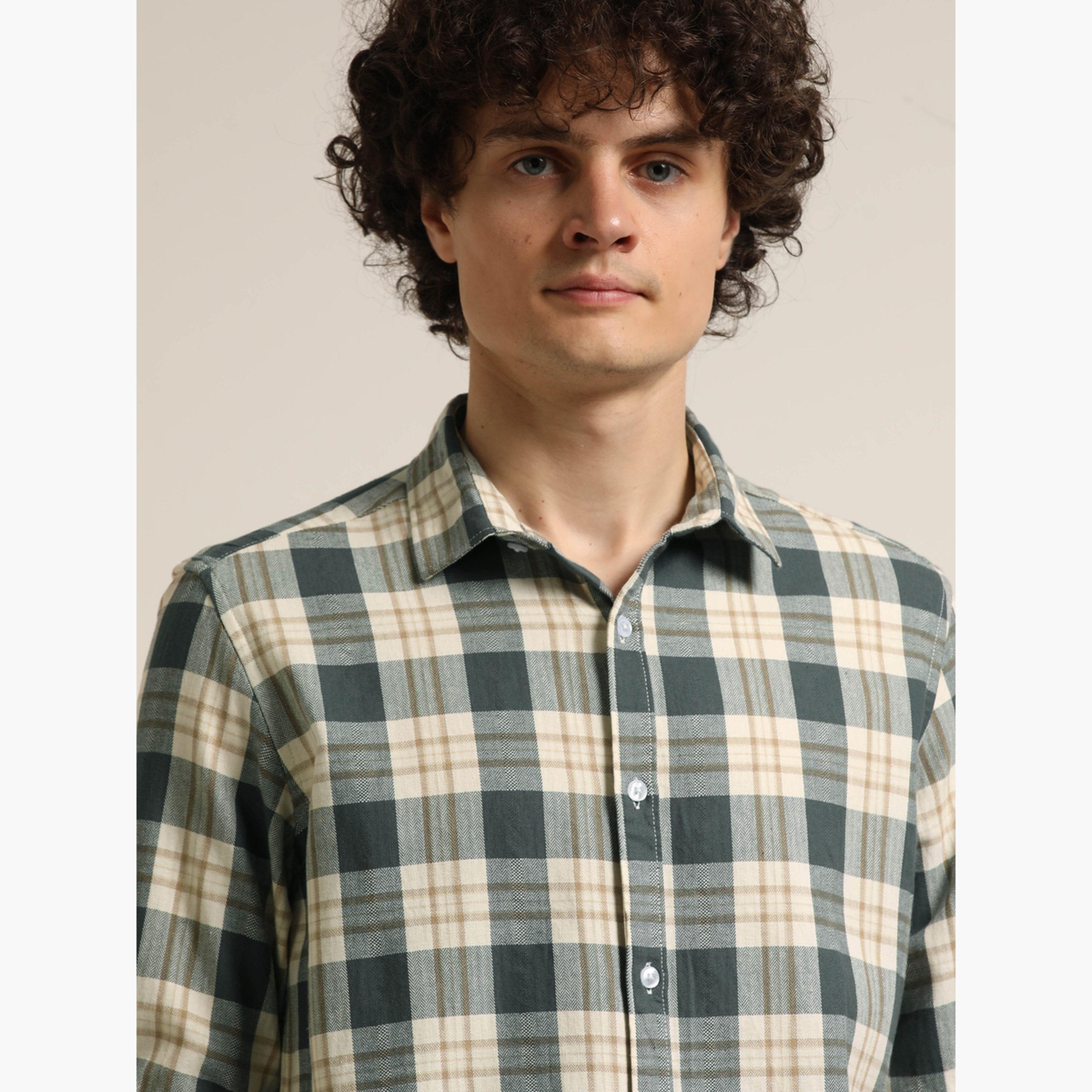 Bushirt Men Grey Checked Spread Collar Shirt-men-clothing-shirts-image-4