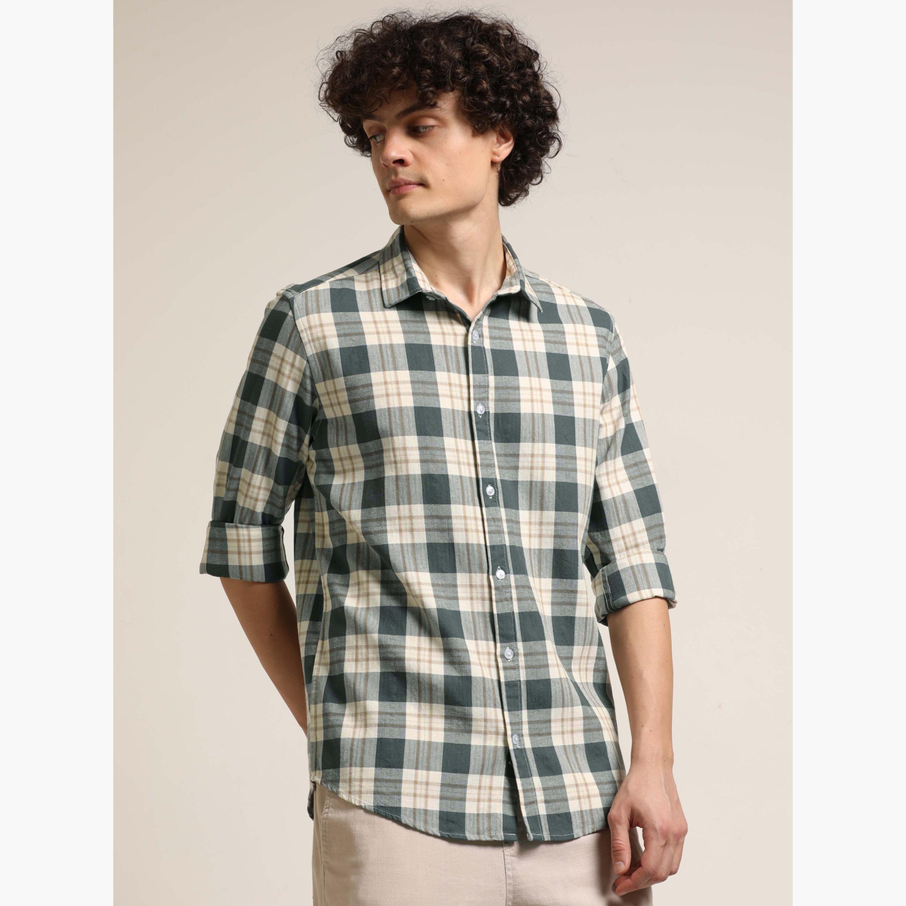 Bushirt Men Grey Checked Spread Collar Shirt-men-clothing-shirts-image-5