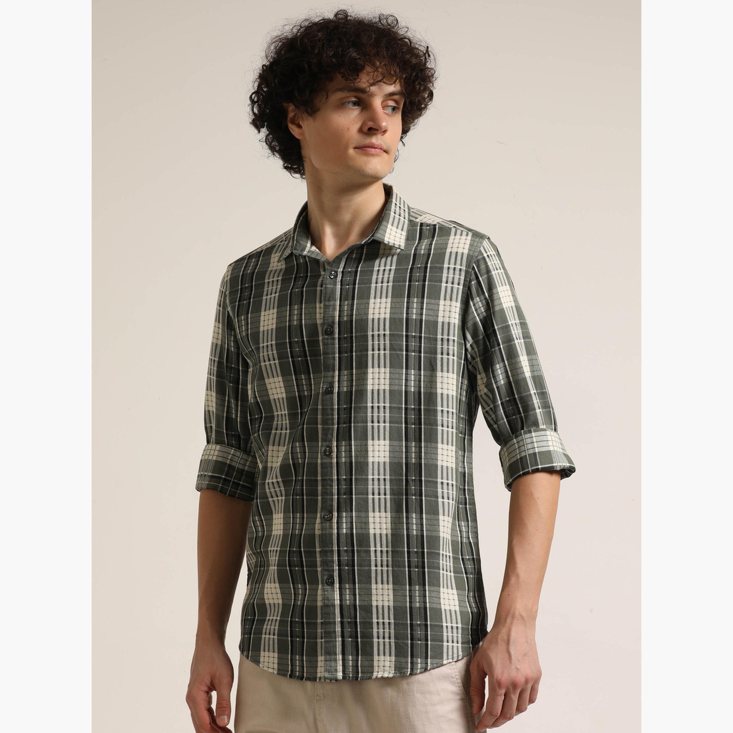 Bushirt Men Green Checked Long Sleeves Shirt-men-clothing-shirts-image-1