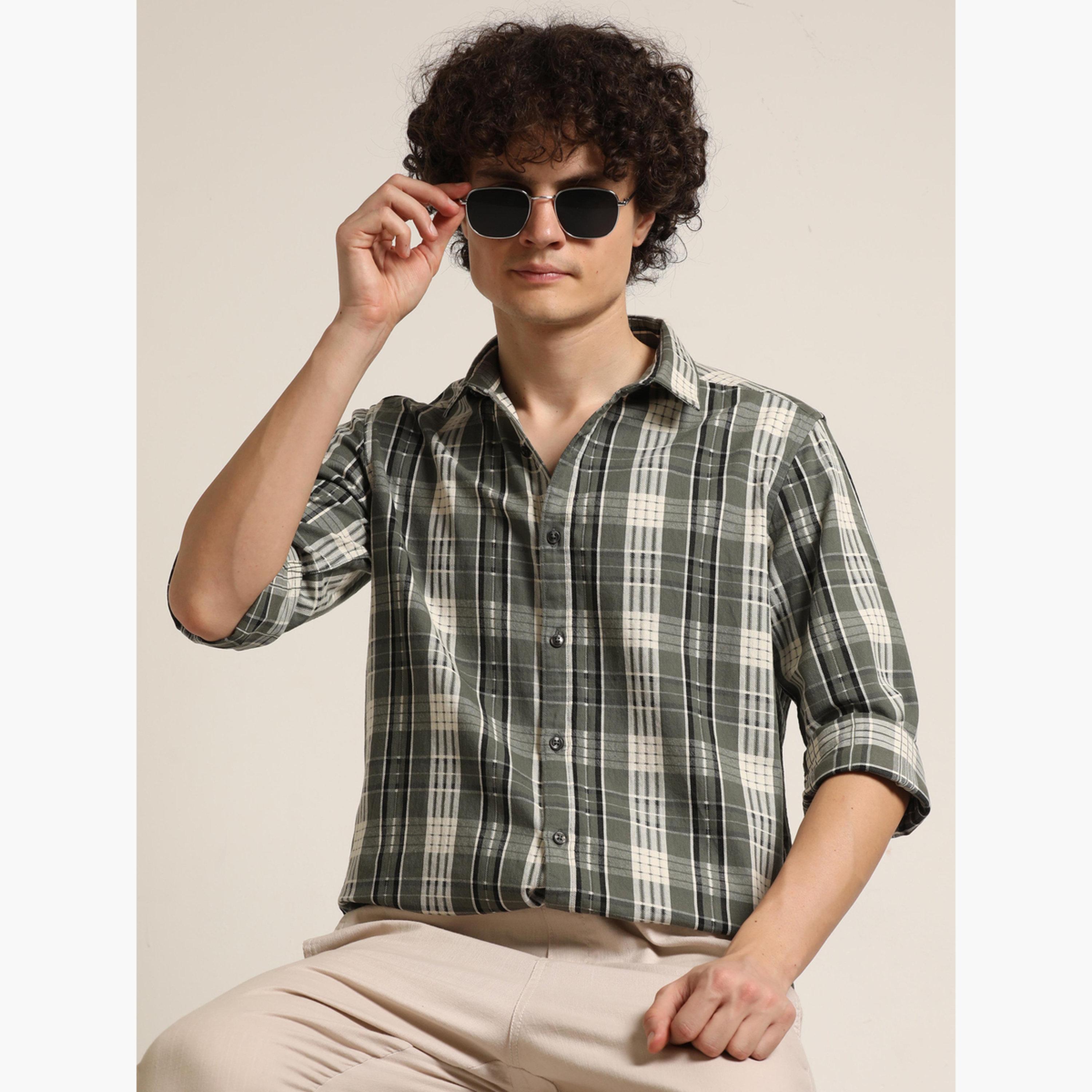 Bushirt Men Green Checked Long Sleeves Shirt-men-clothing-shirts-image-2