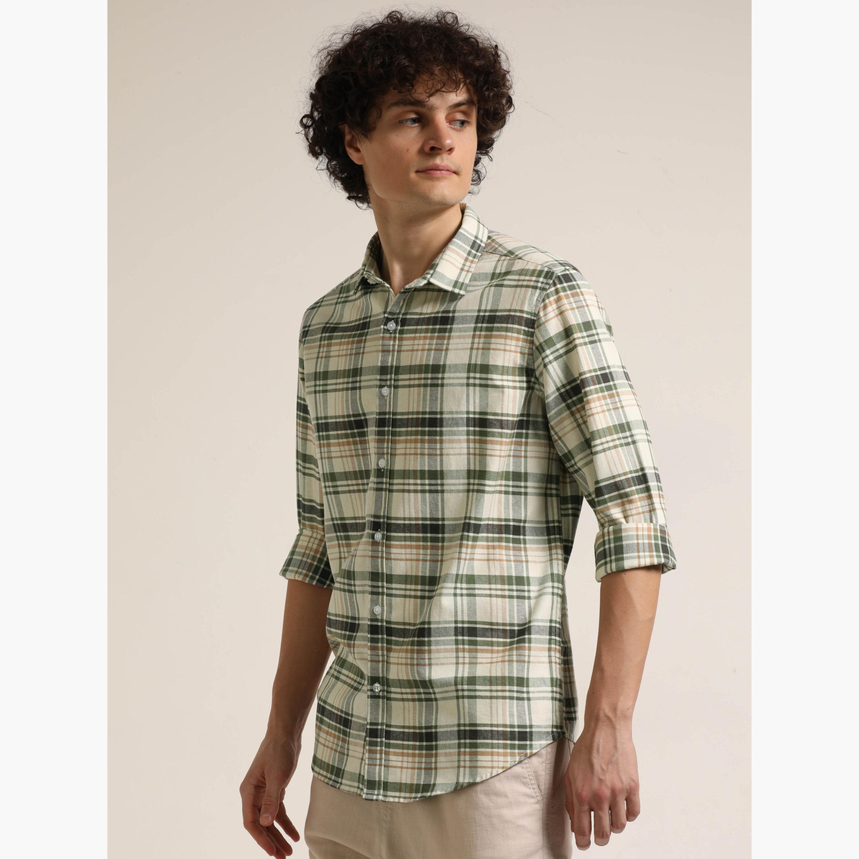 Bushirt Men Green Checked Casual Shirt-men-clothing-shirts-image-1