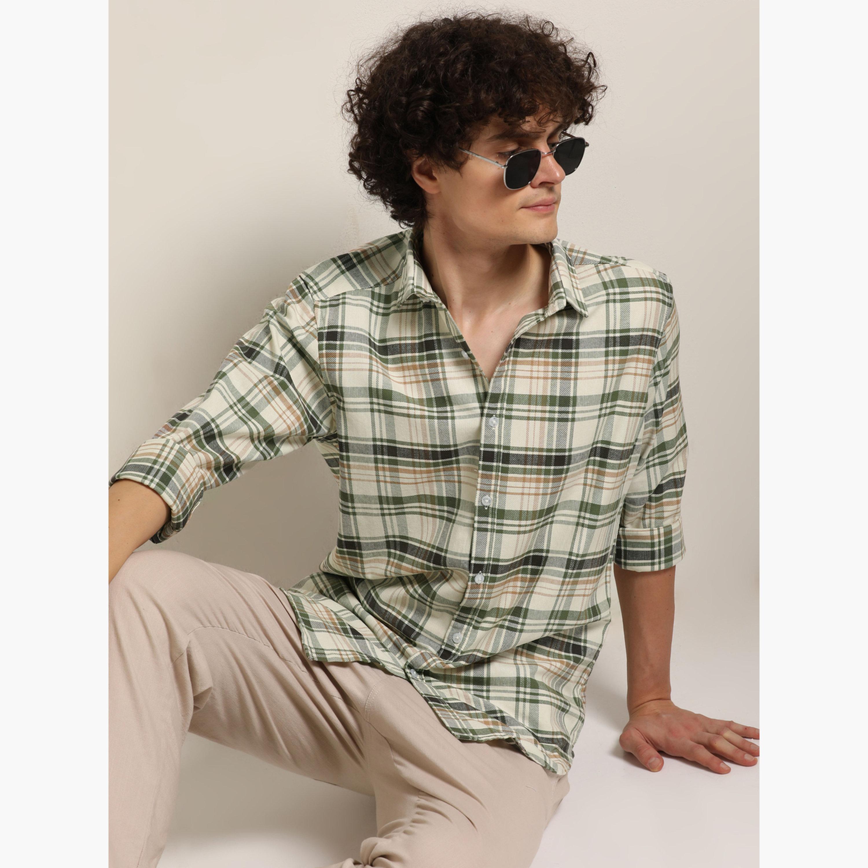 بوشيرت - قميص رجالي كاجوال منقوش لون أخضر-men-clothing-shirts-image-2