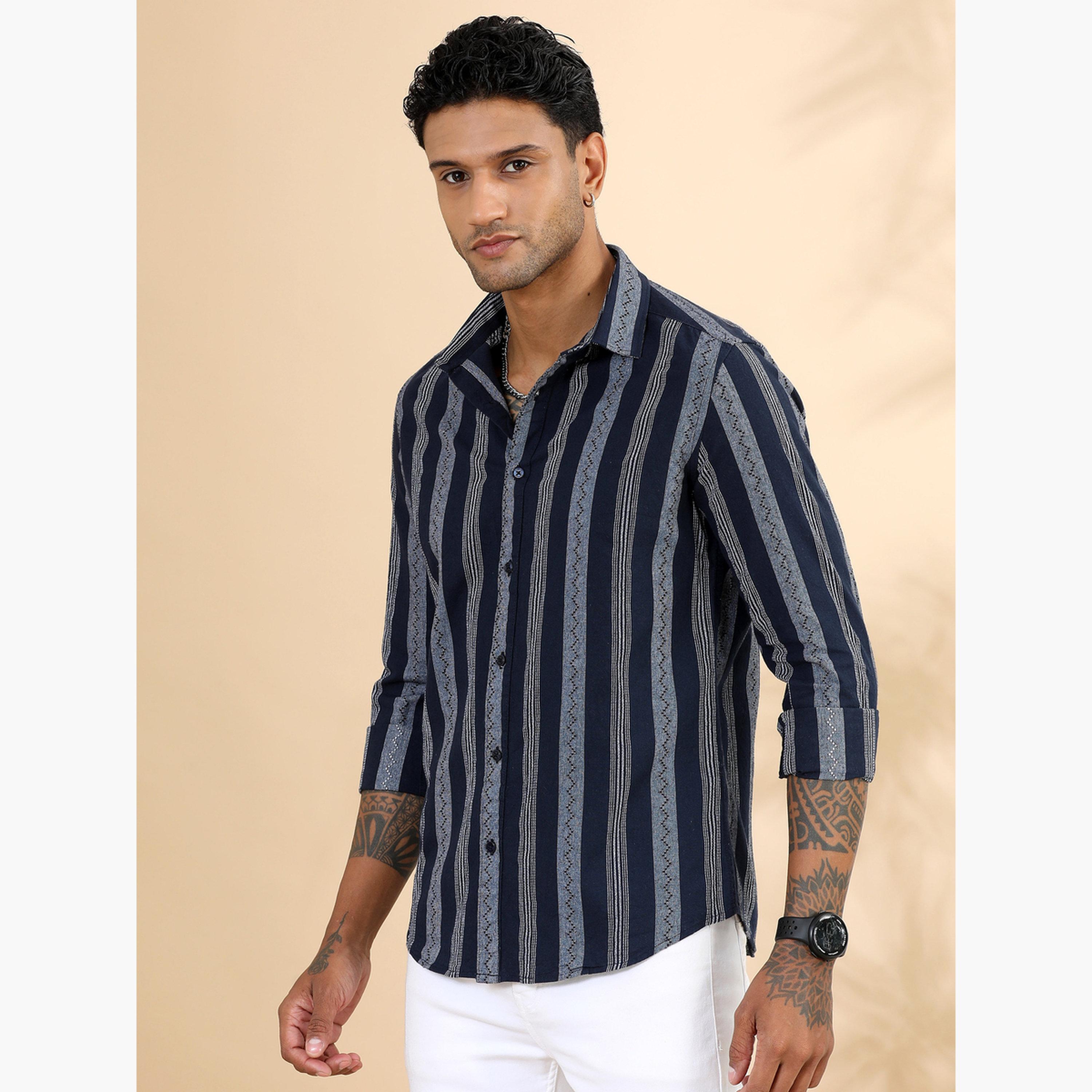 Bushirt Men Navy Blue Striped Spread Collar Shirt-men-clothing-shirts-image-1