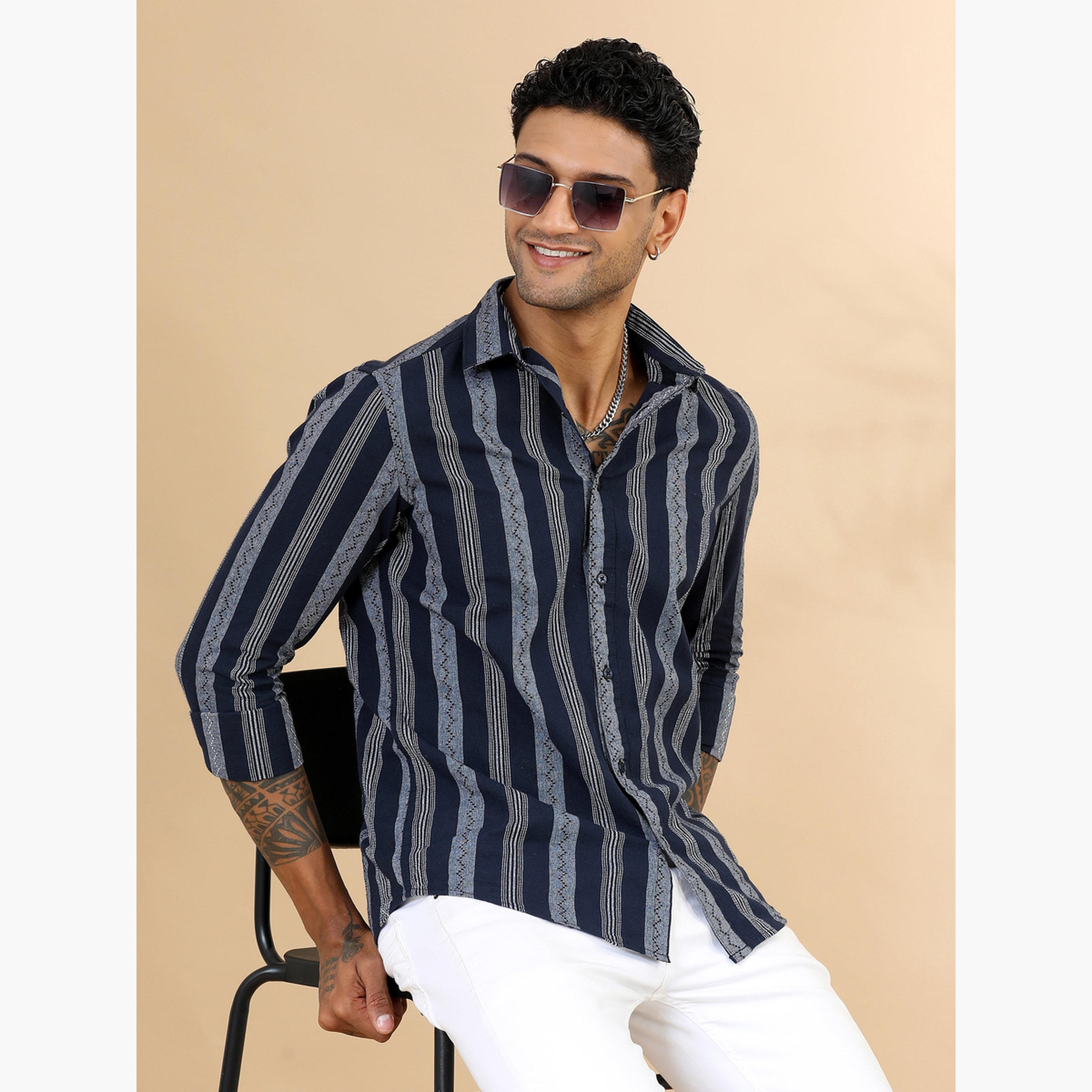بوشيرت - قميص رجالي مخطط لون أزرق الداكن وياقة واسعة-men-clothing-shirts-image-2