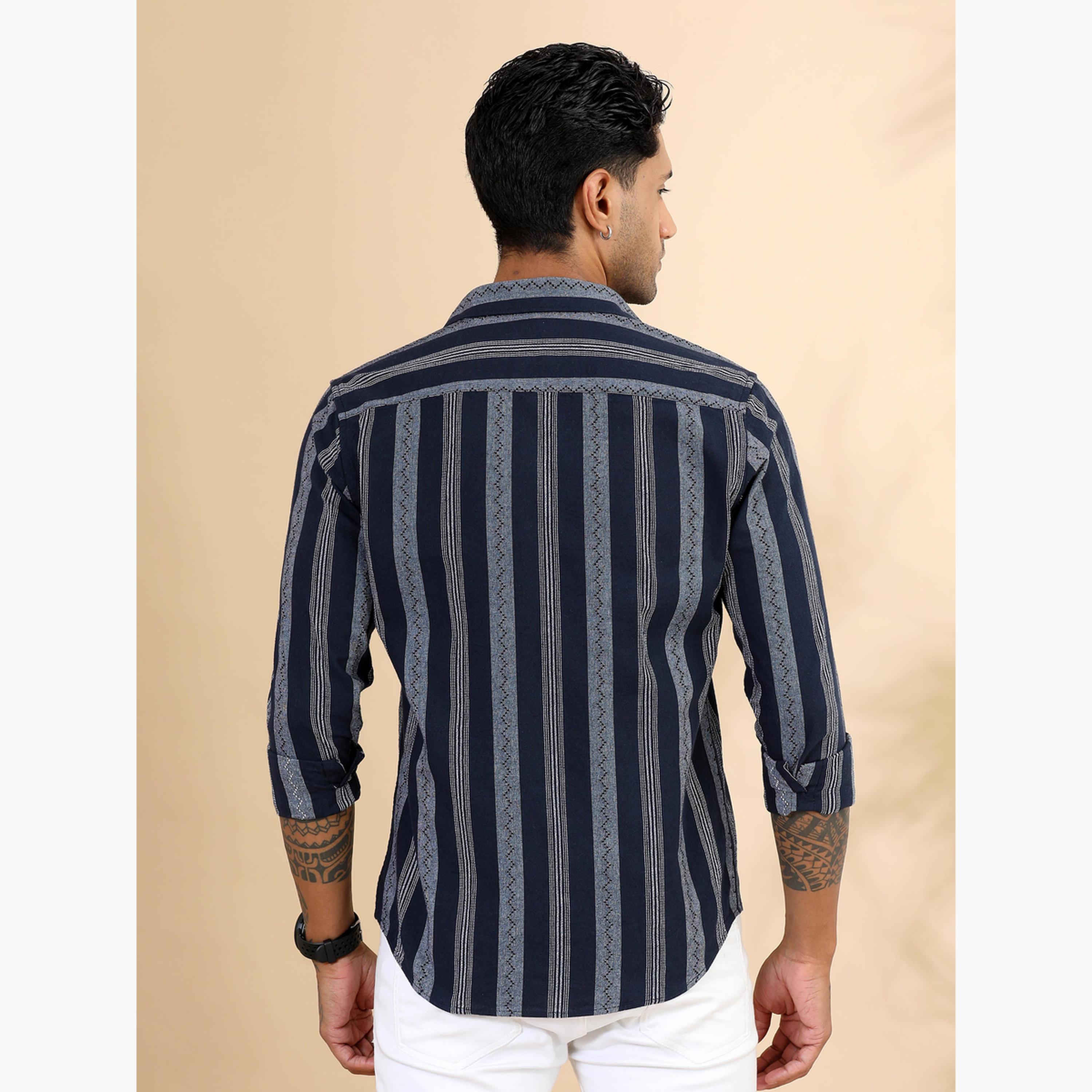 بوشيرت - قميص رجالي مخطط لون أزرق الداكن وياقة واسعة-men-clothing-shirts-image-3