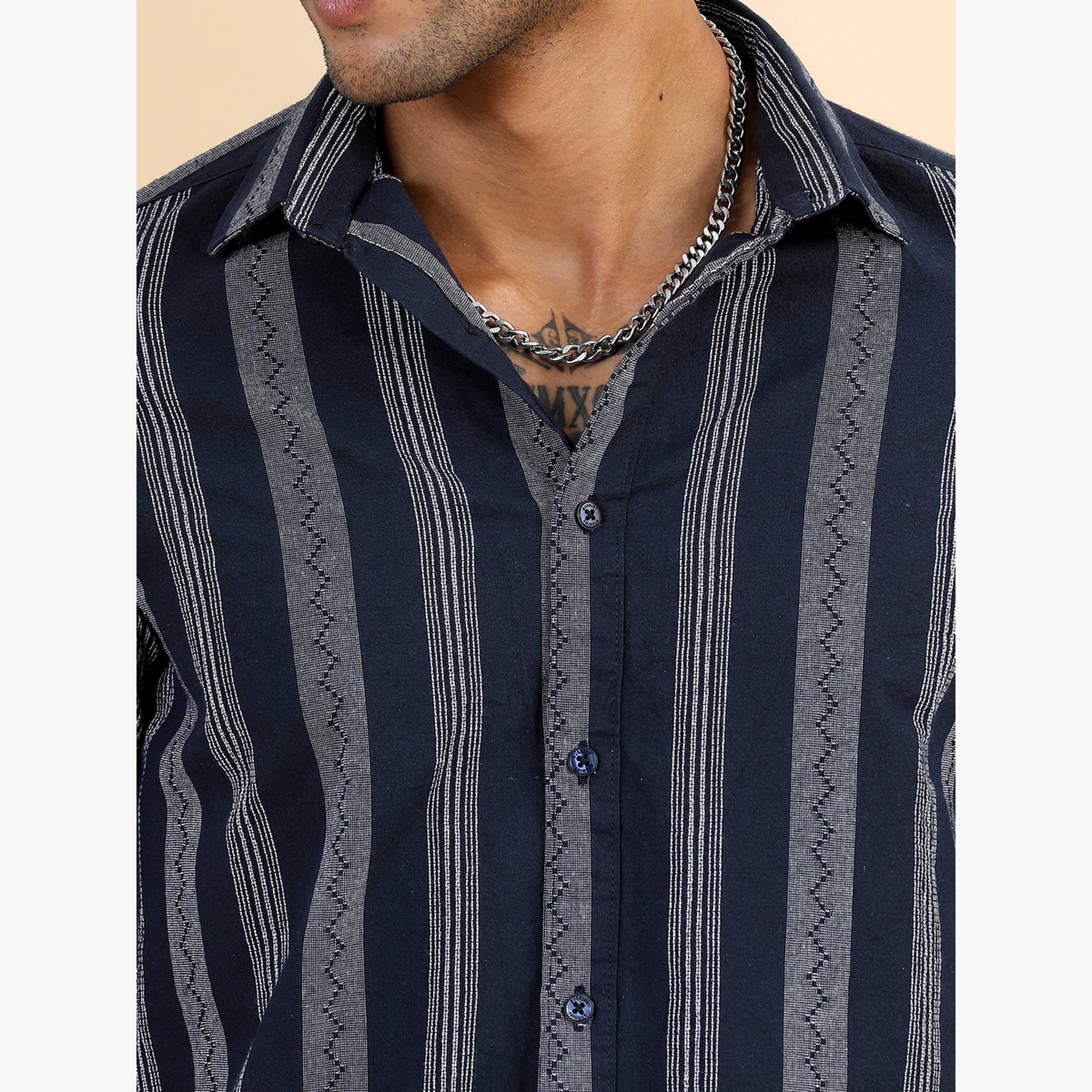 Bushirt Men Navy Blue Striped Spread Collar Shirt-men-clothing-shirts-image-4