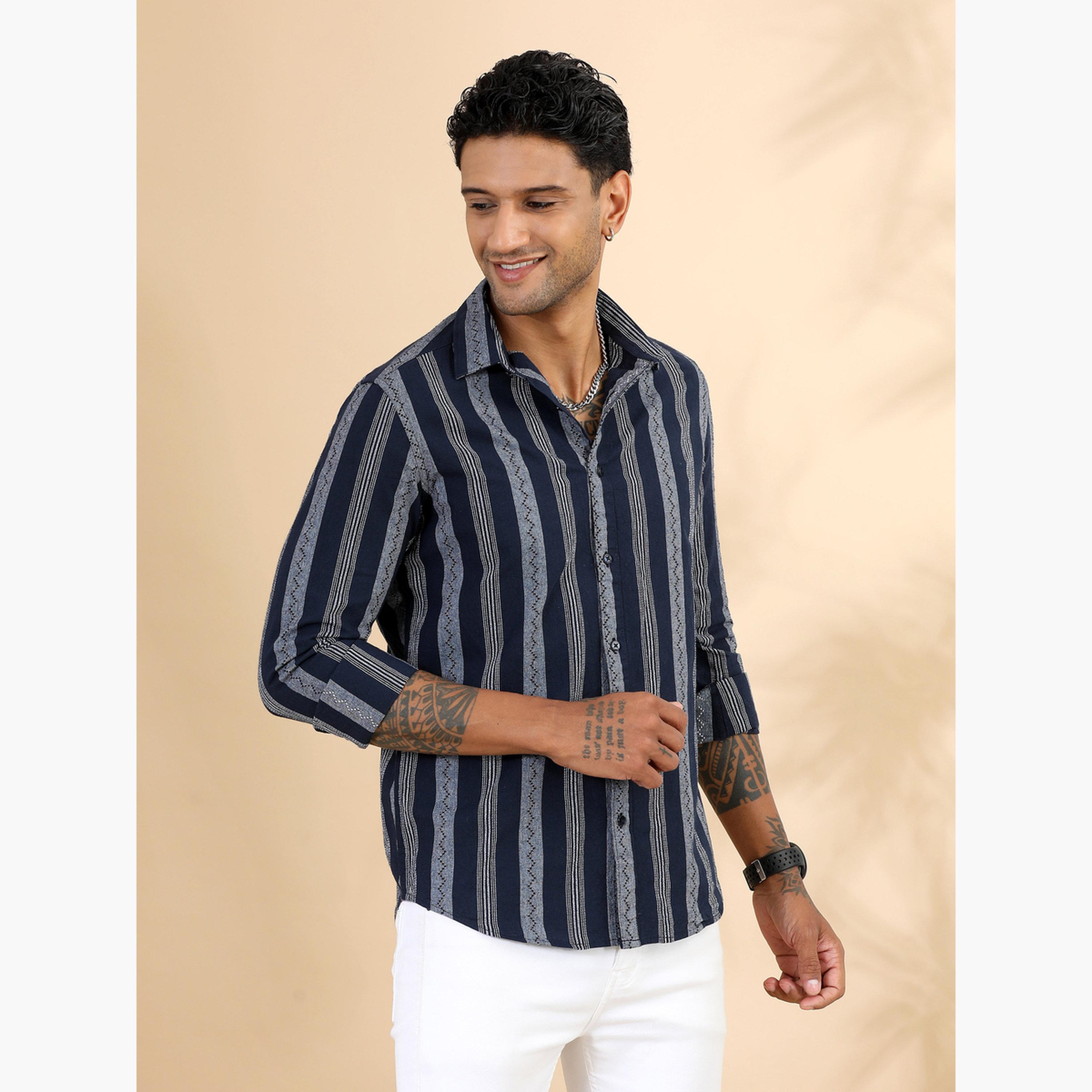 بوشيرت - قميص رجالي مخطط لون أزرق الداكن وياقة واسعة-men-clothing-shirts-image-5