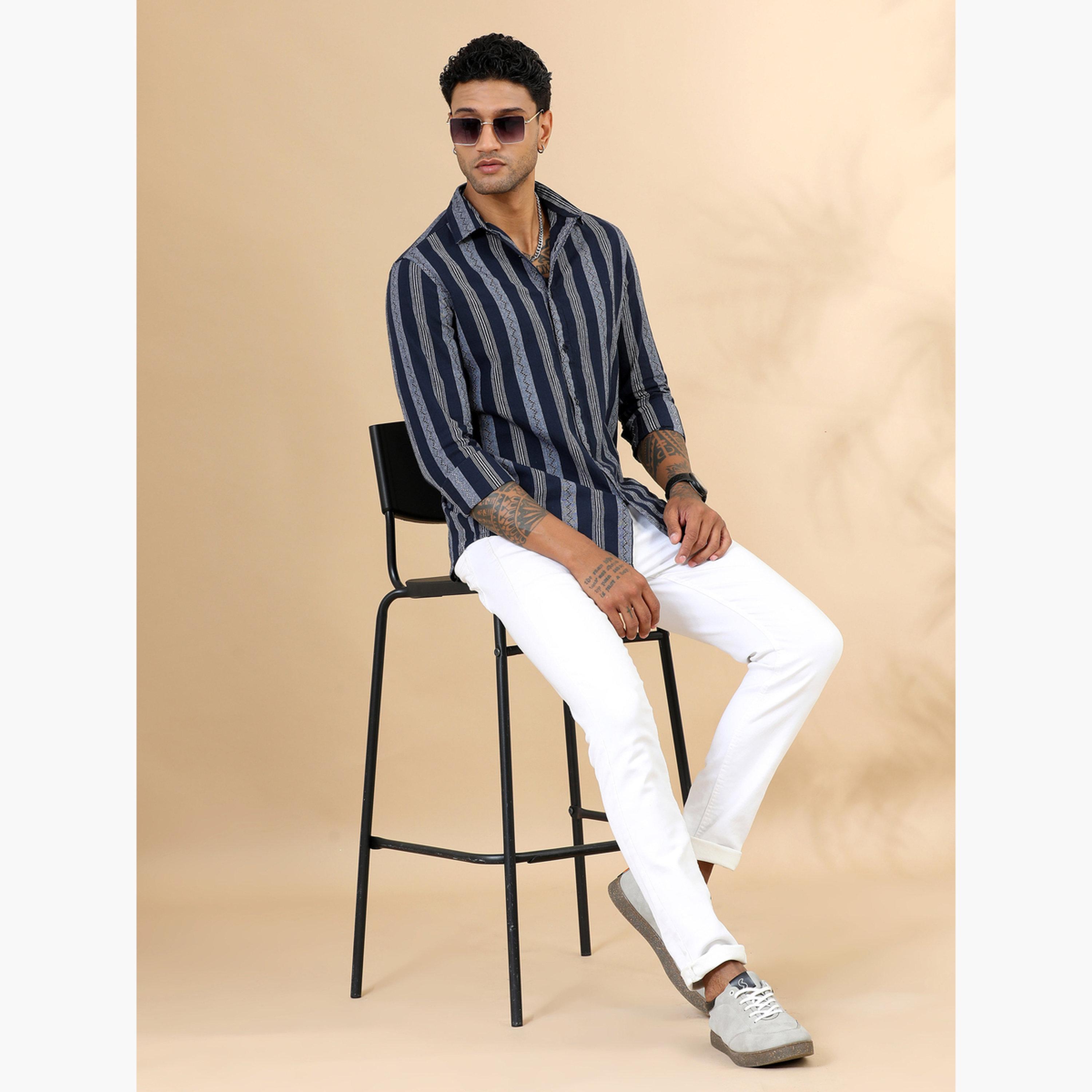 بوشيرت - قميص رجالي مخطط لون أزرق الداكن وياقة واسعة-men-clothing-shirts-image-6