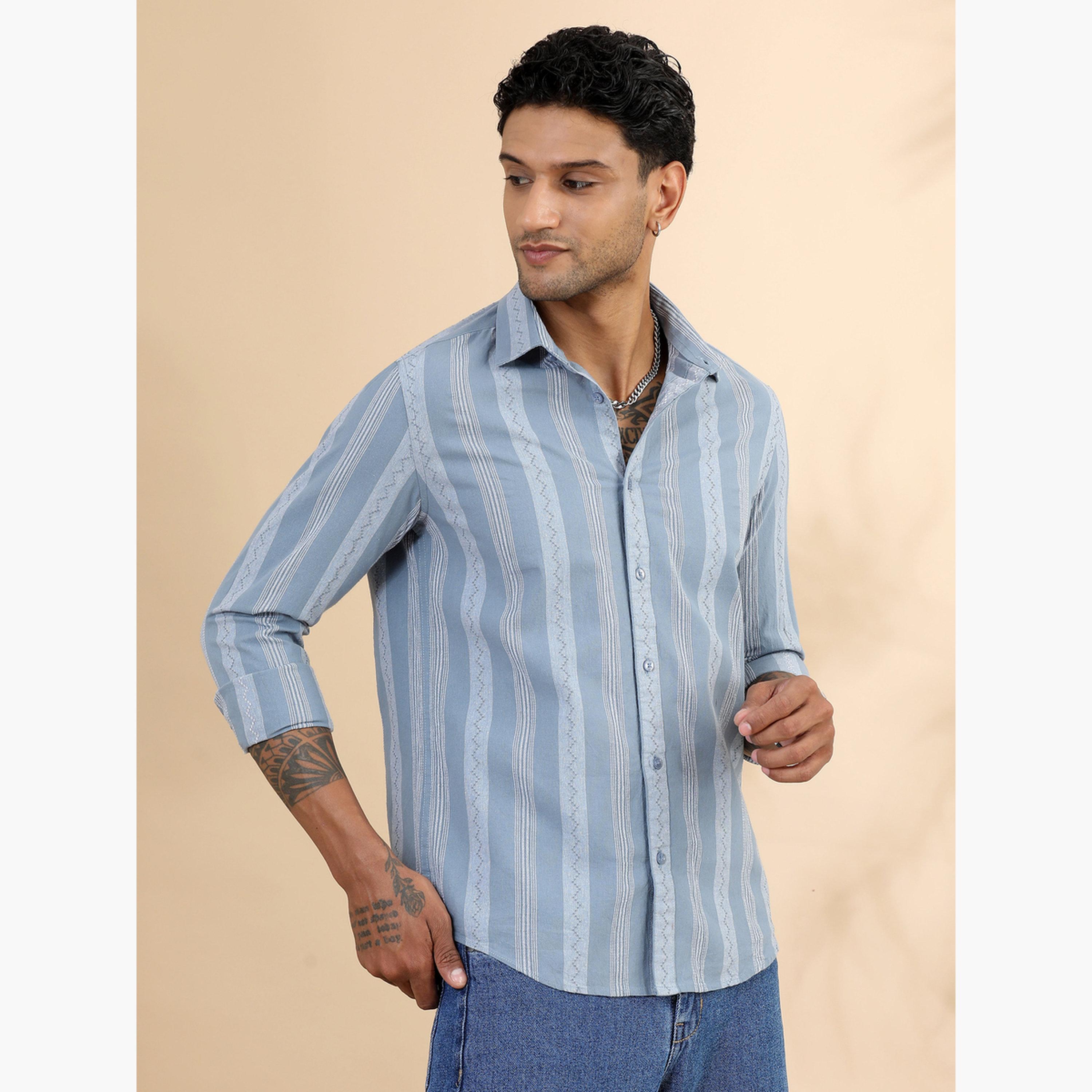 Bushirt Men Blue Striped Spread Collar Shirt-men-clothing-shirts-image-1