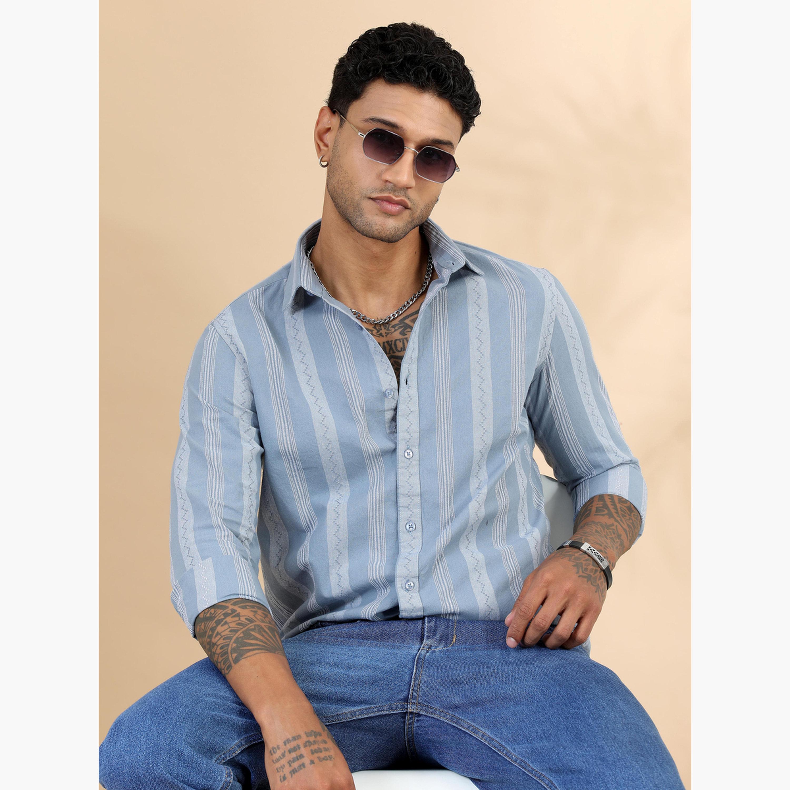 Bushirt Men Blue Striped Spread Collar Shirt-men-clothing-shirts-image-2