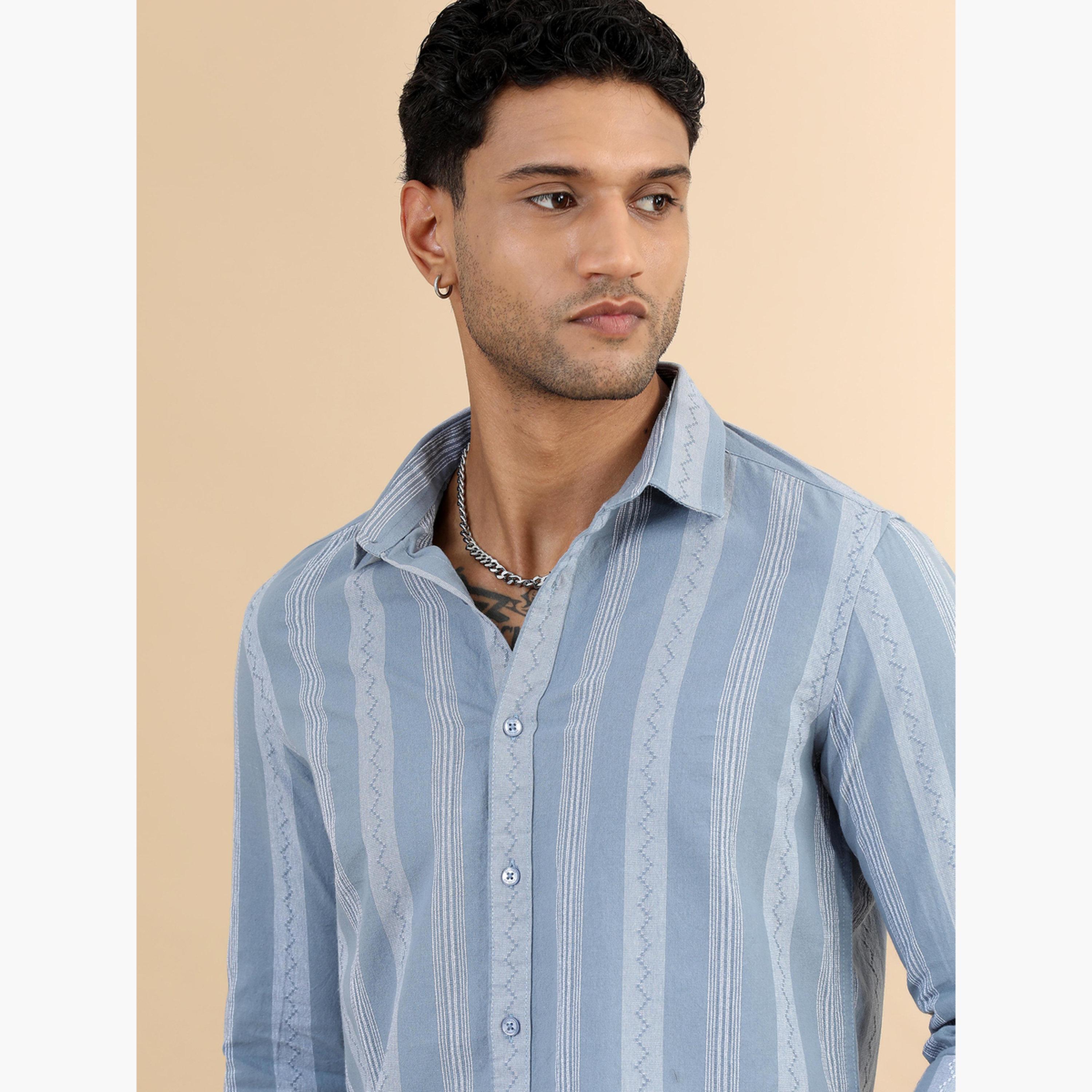 Bushirt Men Blue Striped Spread Collar Shirt-men-clothing-shirts-image-3